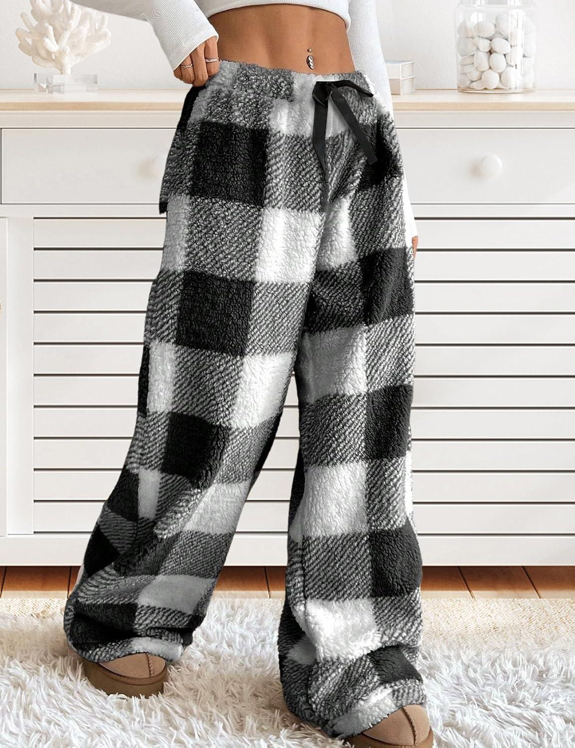 Arssm Women’s Fuzzy Pajama Pants Plush Elastic Waist Wide Leg Leopard Pants Pajama Bottoms Fluffy Pants(Plaid)