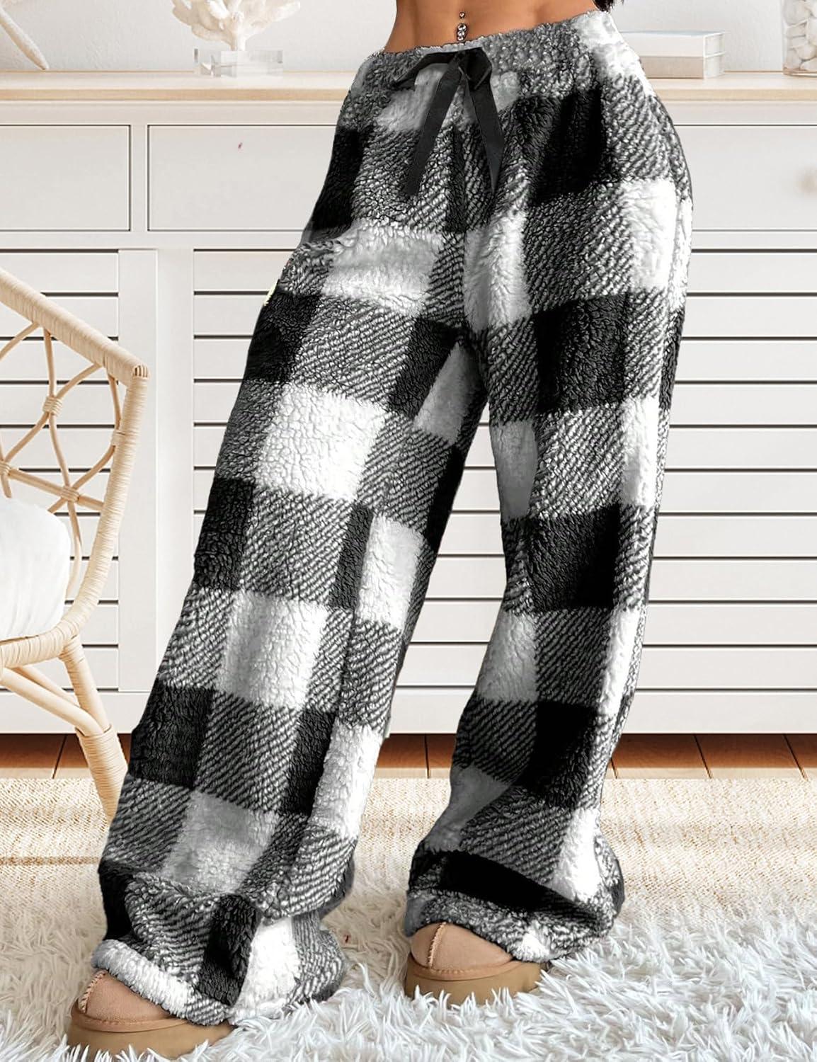 Arssm Women’s Fuzzy Pajama Pants Plush Elastic Waist Wide Leg Leopard Pants Pajama Bottoms Fluffy Pants(Plaid)