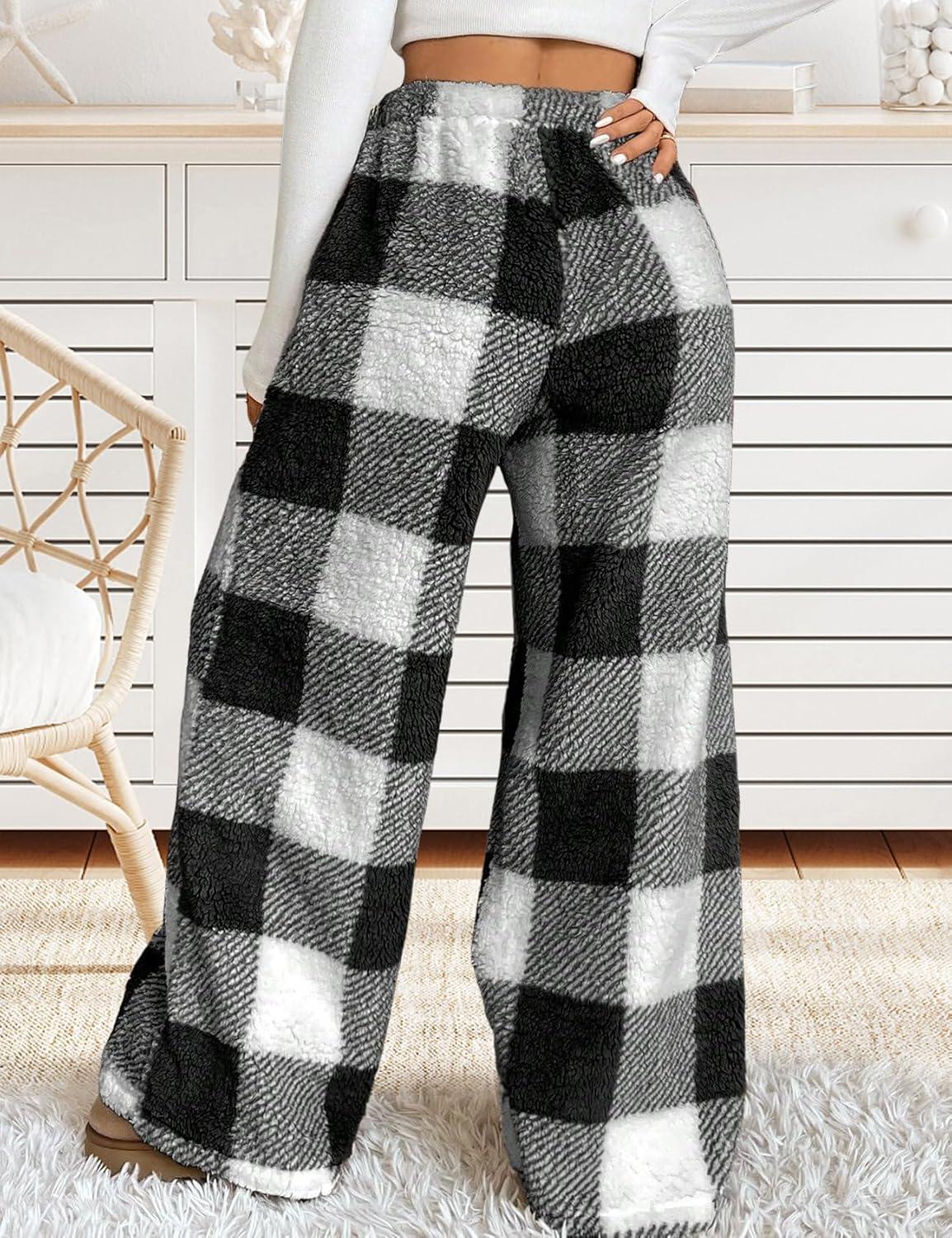 Arssm Women’s Fuzzy Pajama Pants Plush Elastic Waist Wide Leg Leopard Pants Pajama Bottoms Fluffy Pants(Plaid)