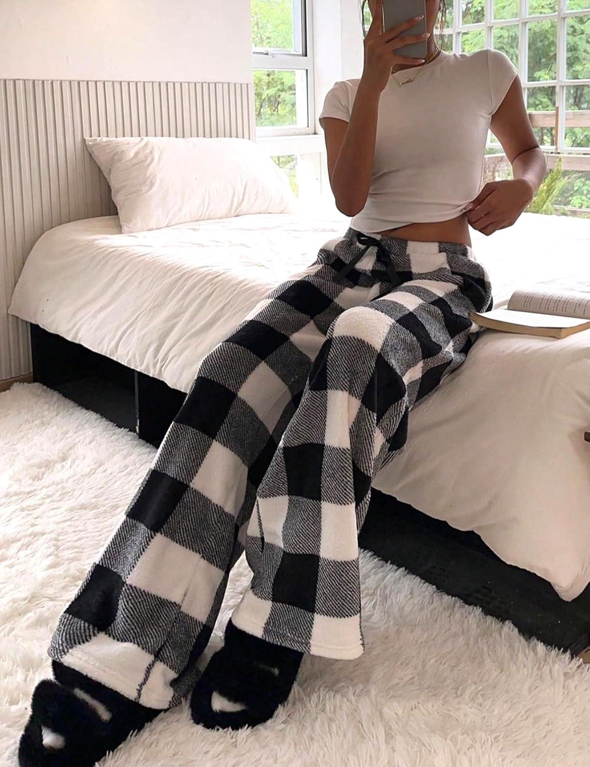 Arssm Women’s Fuzzy Pajama Pants Plush Elastic Waist Wide Leg Leopard Pants Pajama Bottoms Fluffy Pants(Plaid)