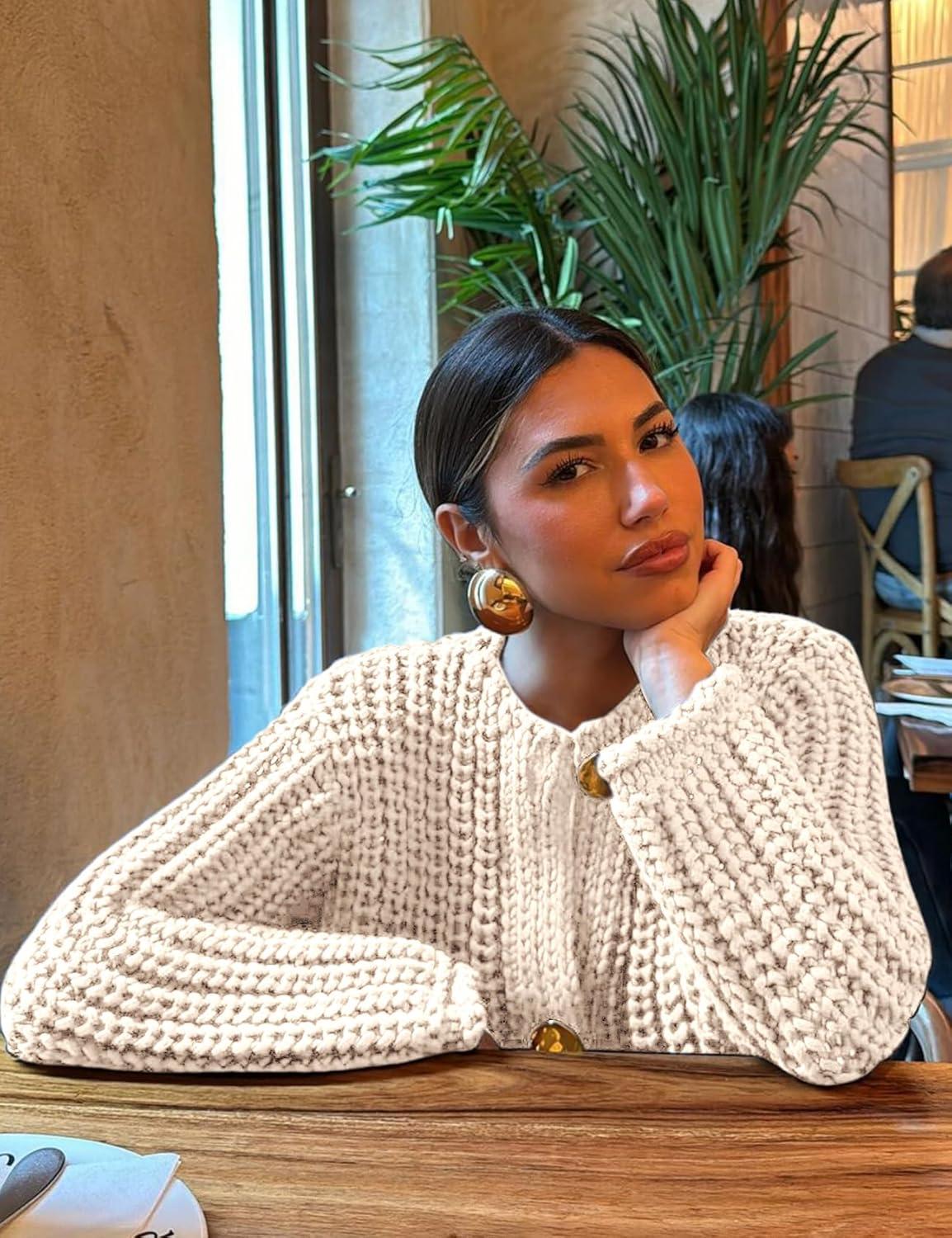 Arssm Womens Cropped Cardigan Sweaters Chunky Open Front Button Down Knit Sweater Long Sleeve Loose Cardigan Outerwear(Beige)