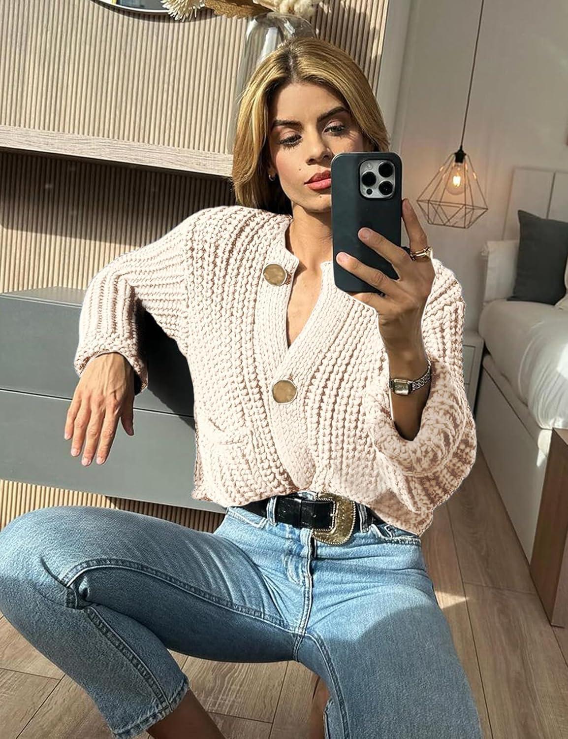 Arssm Womens Cropped Cardigan Sweaters Chunky Open Front Button Down Knit Sweater Long Sleeve Loose Cardigan Outerwear(Beige)