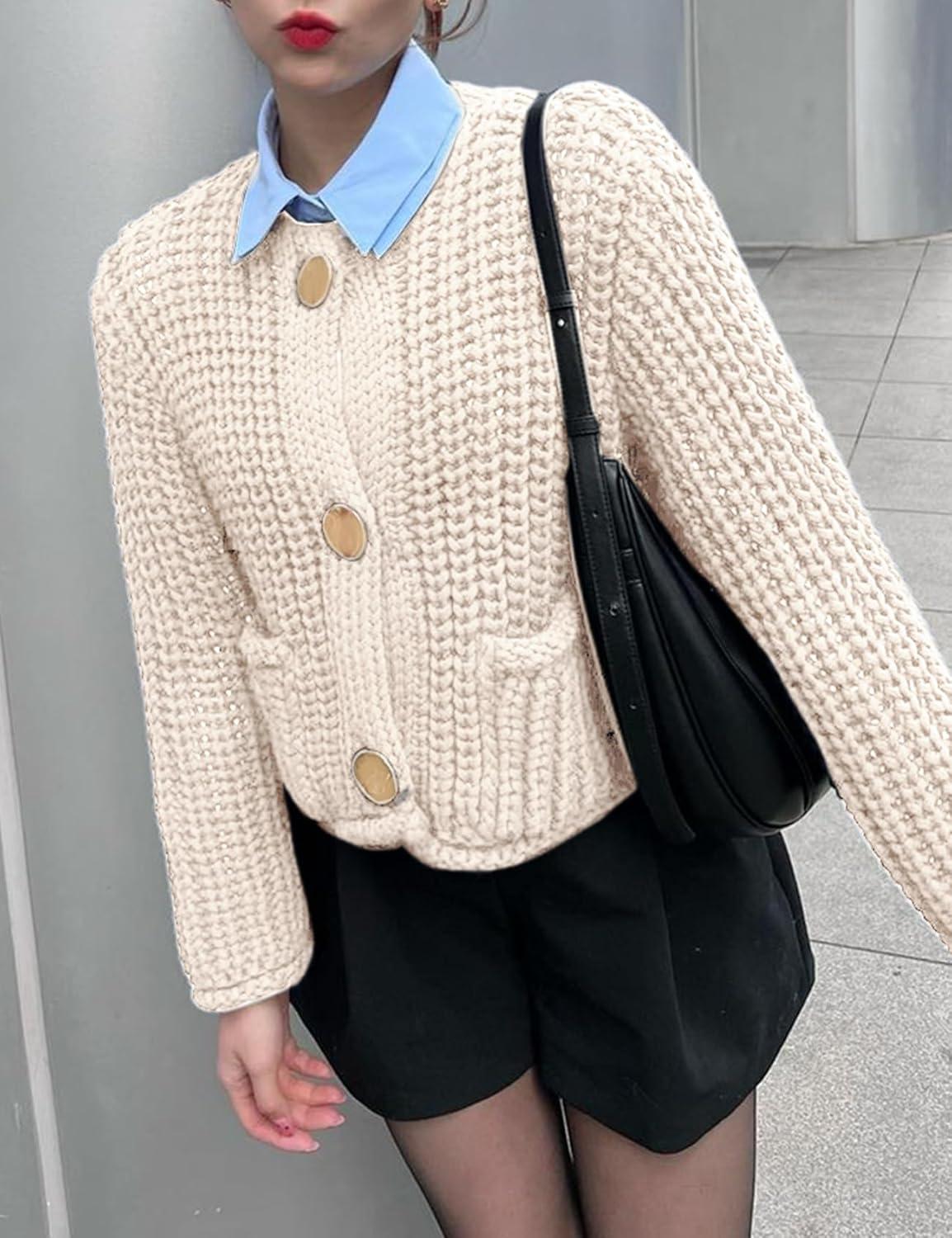 Arssm Womens Cropped Cardigan Sweaters Chunky Open Front Button Down Knit Sweater Long Sleeve Loose Cardigan Outerwear(Beige)