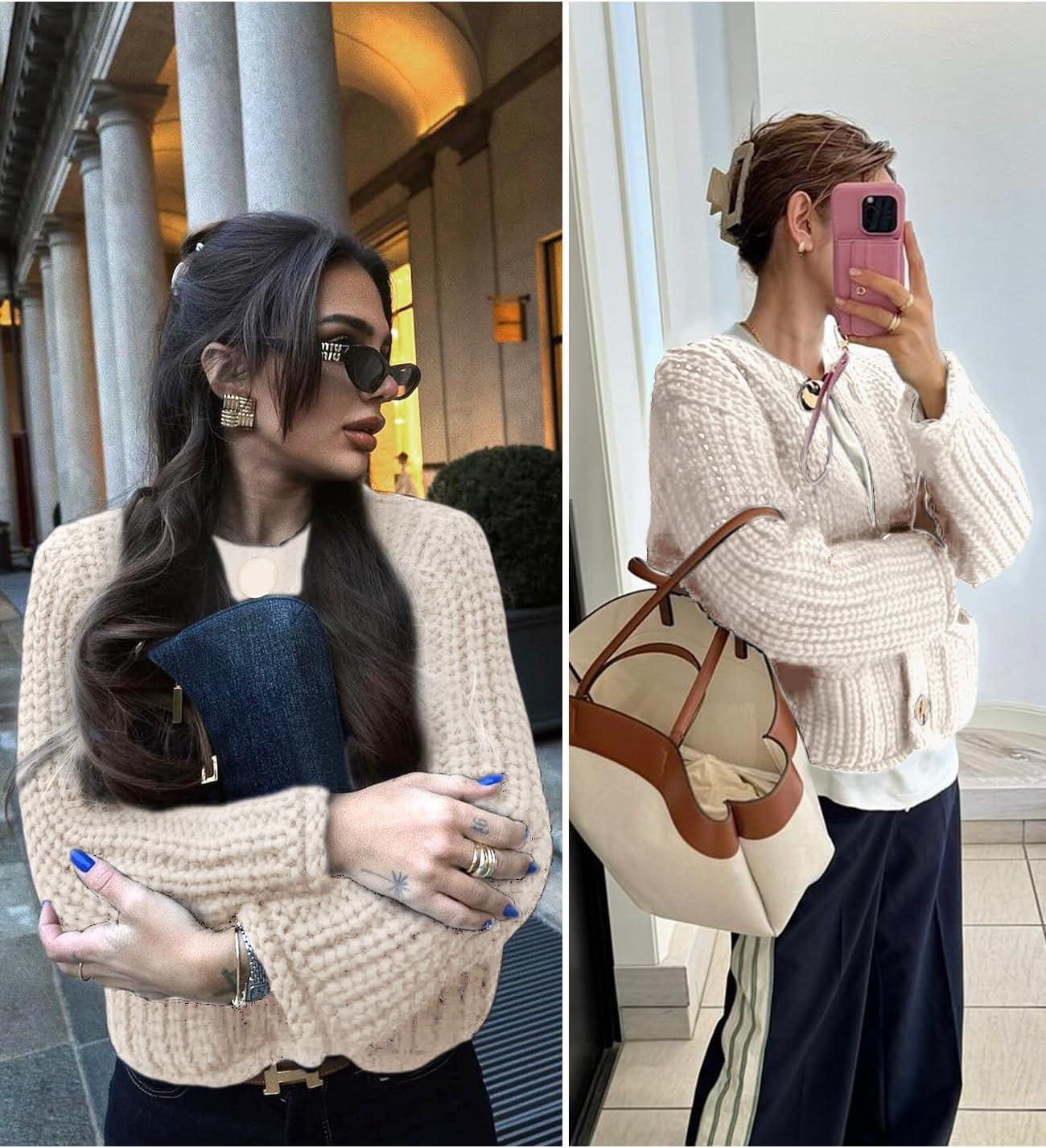 Arssm Womens Cropped Cardigan Sweaters Chunky Open Front Button Down Knit Sweater Long Sleeve Loose Cardigan Outerwear(Beige)