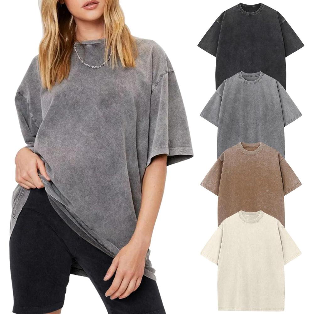 Arssm Women Oversized T Shirts Acid Washed Cotton Tees Vintage Baggy Loose Fit Streetwear Workout Tops(Black+grey+khaki+beige)