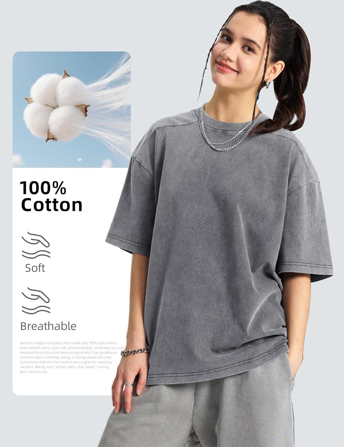Arssm Women Oversized T Shirts Acid Washed Cotton Tees Vintage Baggy Loose Fit Streetwear Workout Tops(Black+grey+khaki+beige)