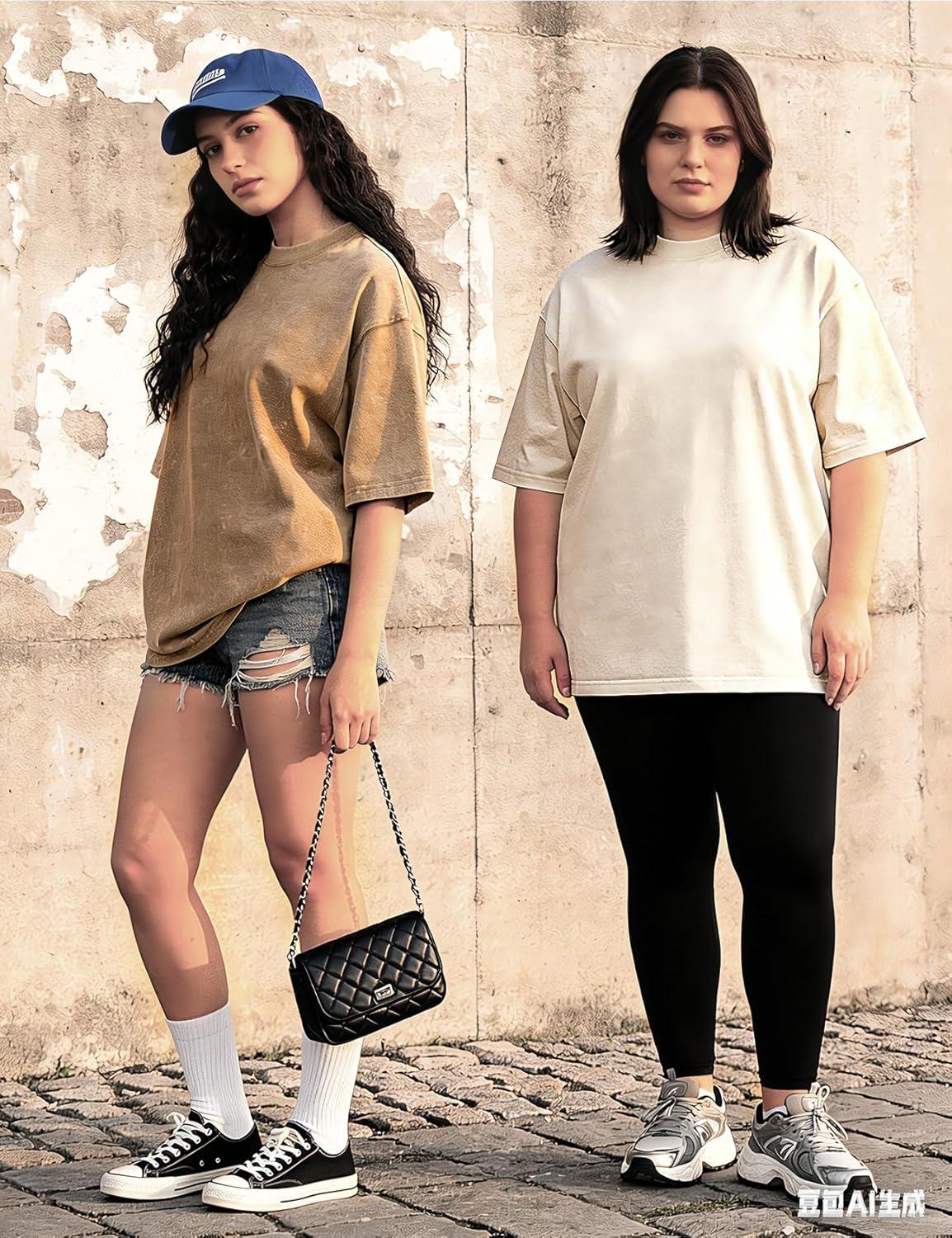 Arssm Women Oversized T Shirts Acid Washed Cotton Tees Vintage Baggy Loose Fit Streetwear Workout Tops(Black+grey+khaki+beige)