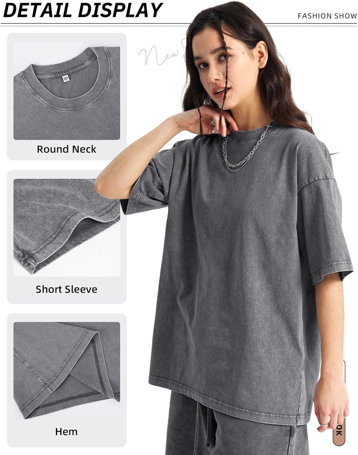 Arssm Women Oversized T Shirts Acid Washed Cotton Tees Vintage Baggy Loose Fit Streetwear Workout Tops(Black+grey+khaki+beige)