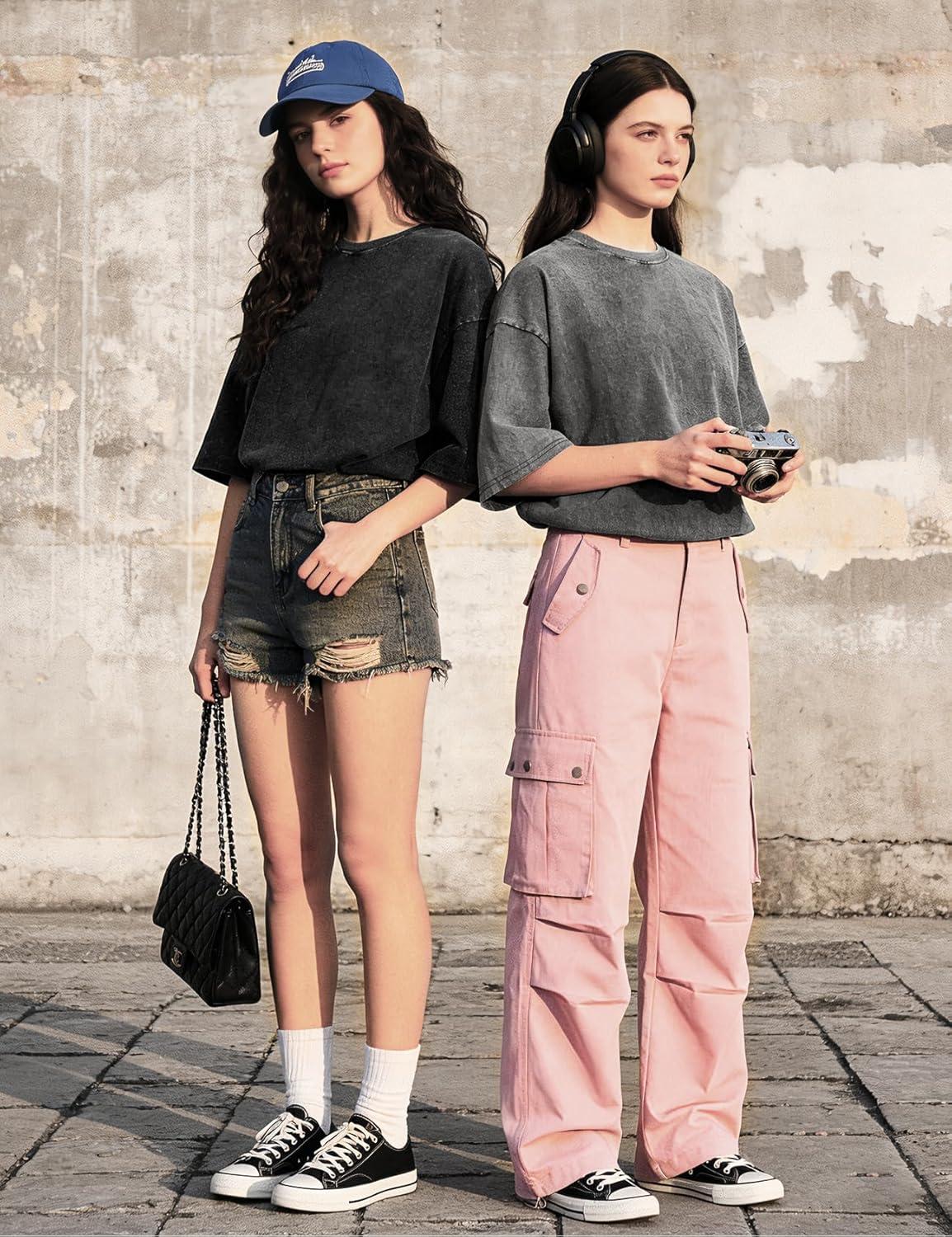 Arssm Women Oversized T Shirts Acid Washed Cotton Tees Vintage Baggy Loose Fit Streetwear Workout Tops(Black+grey+khaki+beige)
