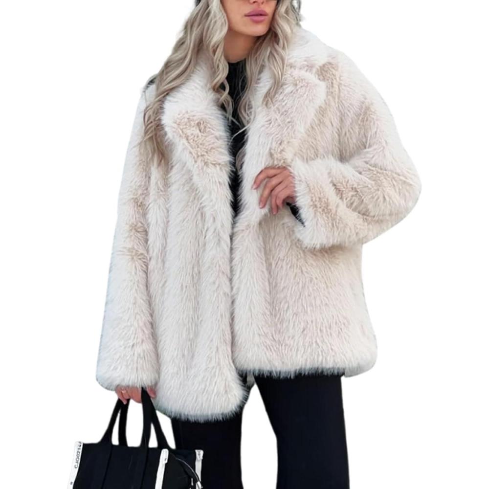 Arssm Women’s Faux Fur Coat Long Sleeve Fluffy Jacket Open Front Furry Winter Warm Lapel Shaggy Coat Outwear(Beige)