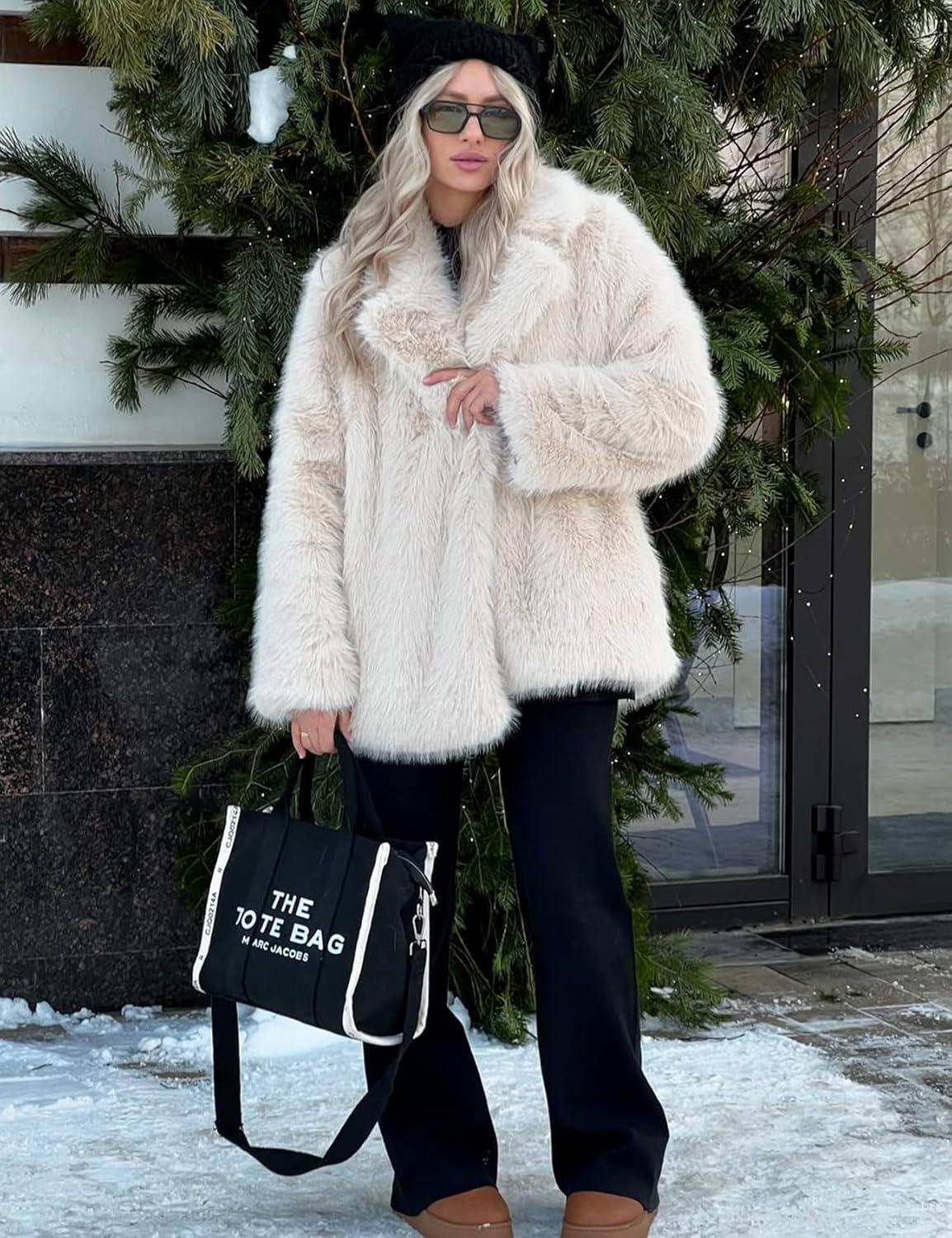 Arssm Women’s Faux Fur Coat Long Sleeve Fluffy Jacket Open Front Furry Winter Warm Lapel Shaggy Coat Outwear(Beige)