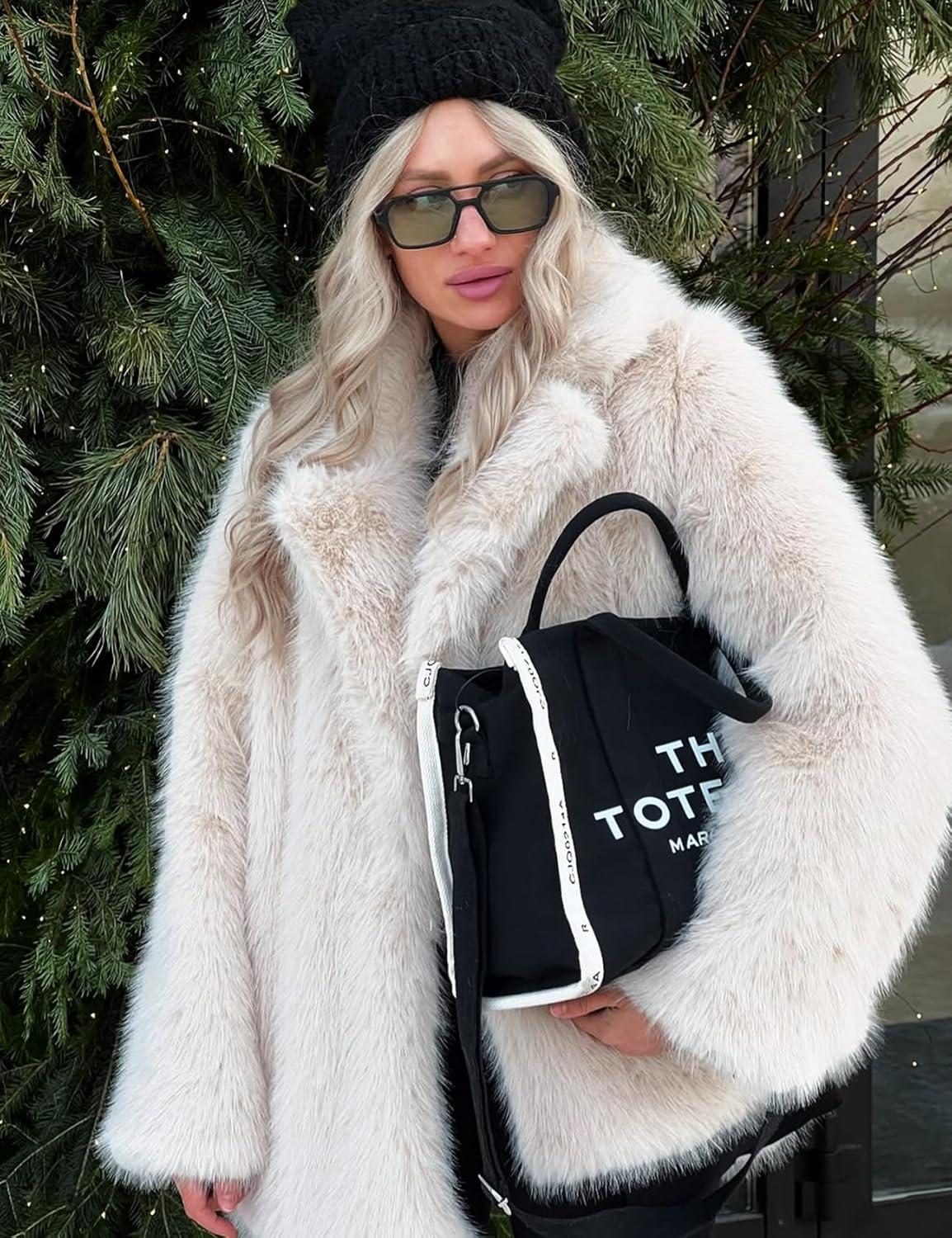 Arssm Women’s Faux Fur Coat Long Sleeve Fluffy Jacket Open Front Furry Winter Warm Lapel Shaggy Coat Outwear(Beige)