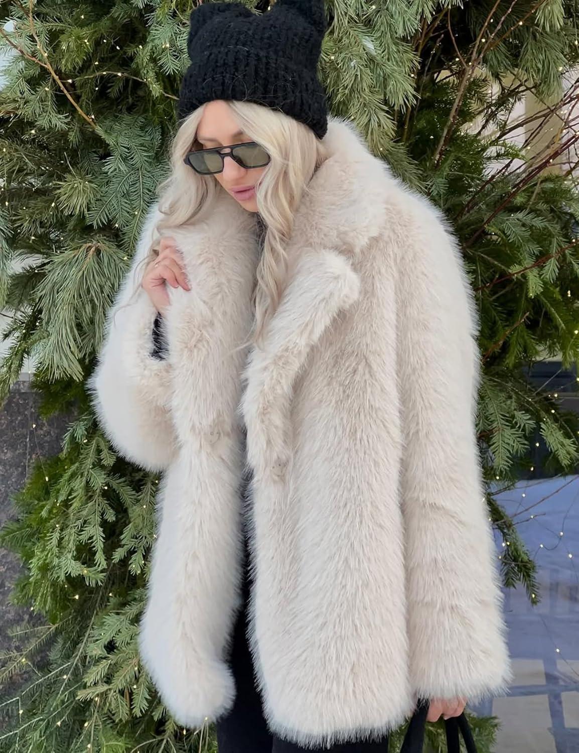 Arssm Women’s Faux Fur Coat Long Sleeve Fluffy Jacket Open Front Furry Winter Warm Lapel Shaggy Coat Outwear(Beige)