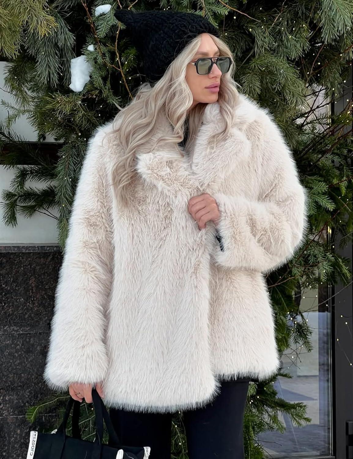 Arssm Women’s Faux Fur Coat Long Sleeve Fluffy Jacket Open Front Furry Winter Warm Lapel Shaggy Coat Outwear(Beige)