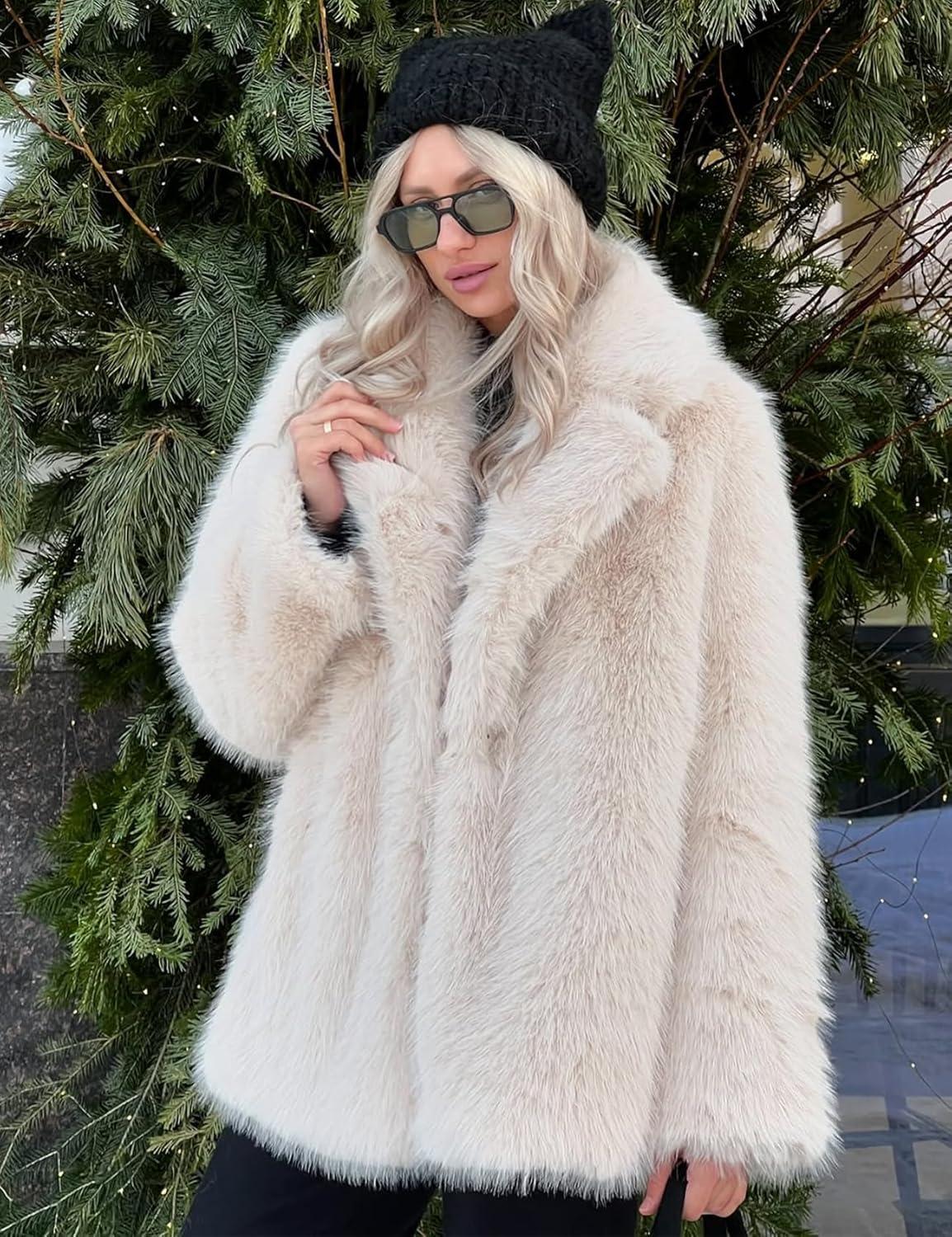 Arssm Women’s Faux Fur Coat Long Sleeve Fluffy Jacket Open Front Furry Winter Warm Lapel Shaggy Coat Outwear(Beige)