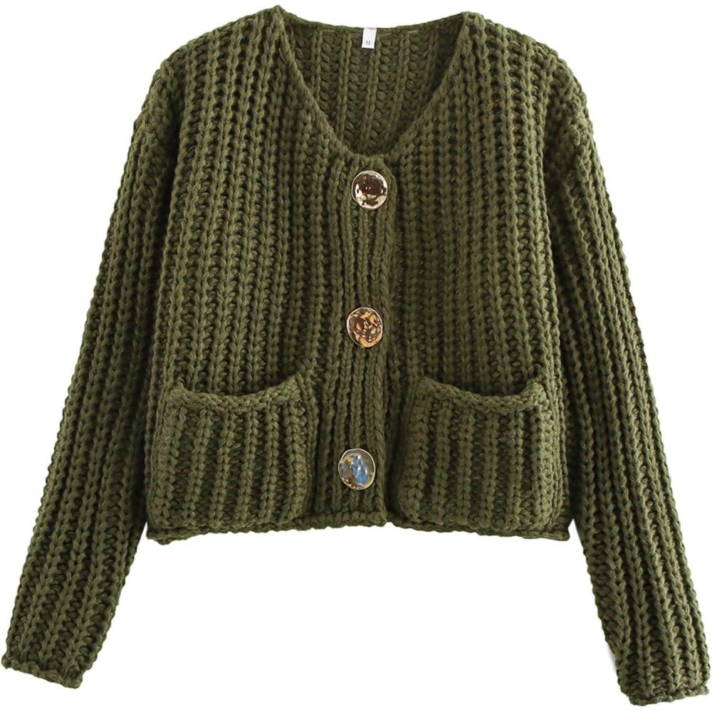 Arssm Womens Cropped Cardigan Sweaters Chunky Open Front Button Down Knit Sweater Long Sleeve Loose Cardigan Outerwear(Armygreen)