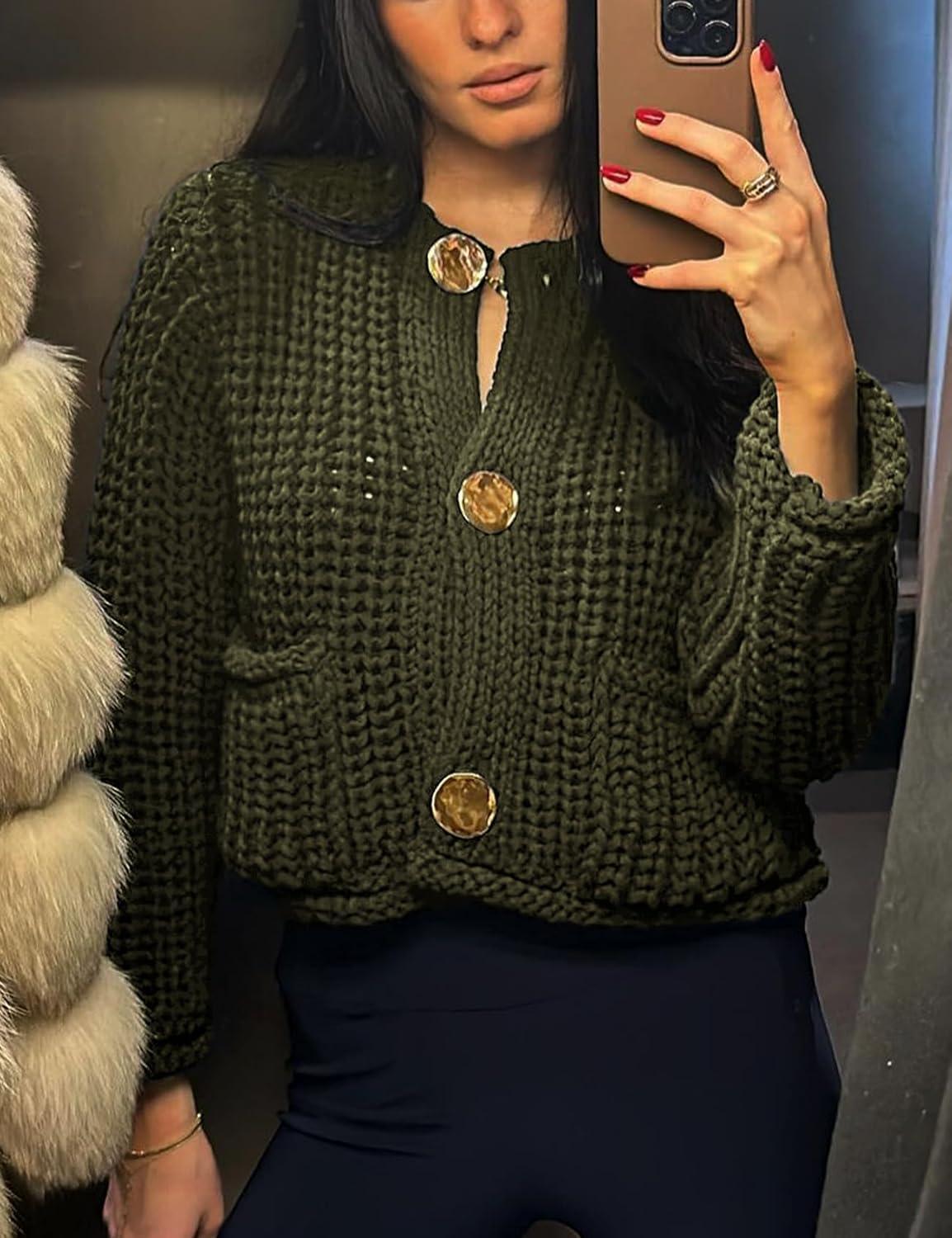 Arssm Womens Cropped Cardigan Sweaters Chunky Open Front Button Down Knit Sweater Long Sleeve Loose Cardigan Outerwear(Armygreen)