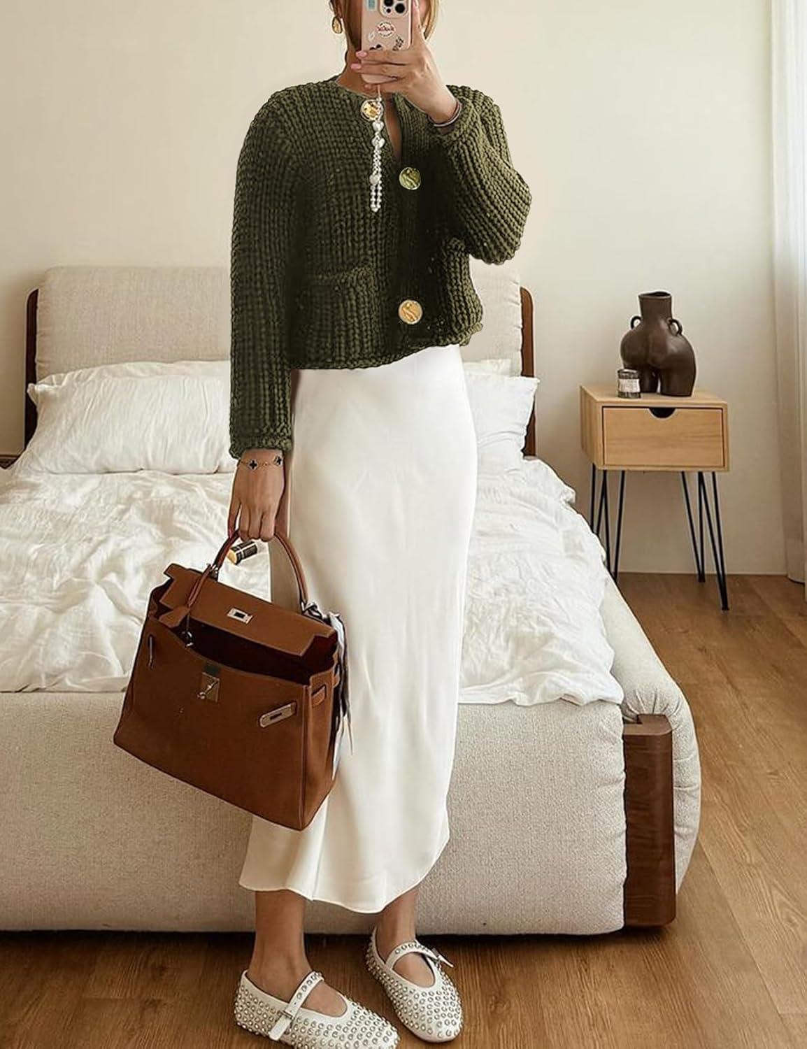 Arssm Womens Cropped Cardigan Sweaters Chunky Open Front Button Down Knit Sweater Long Sleeve Loose Cardigan Outerwear(Armygreen)
