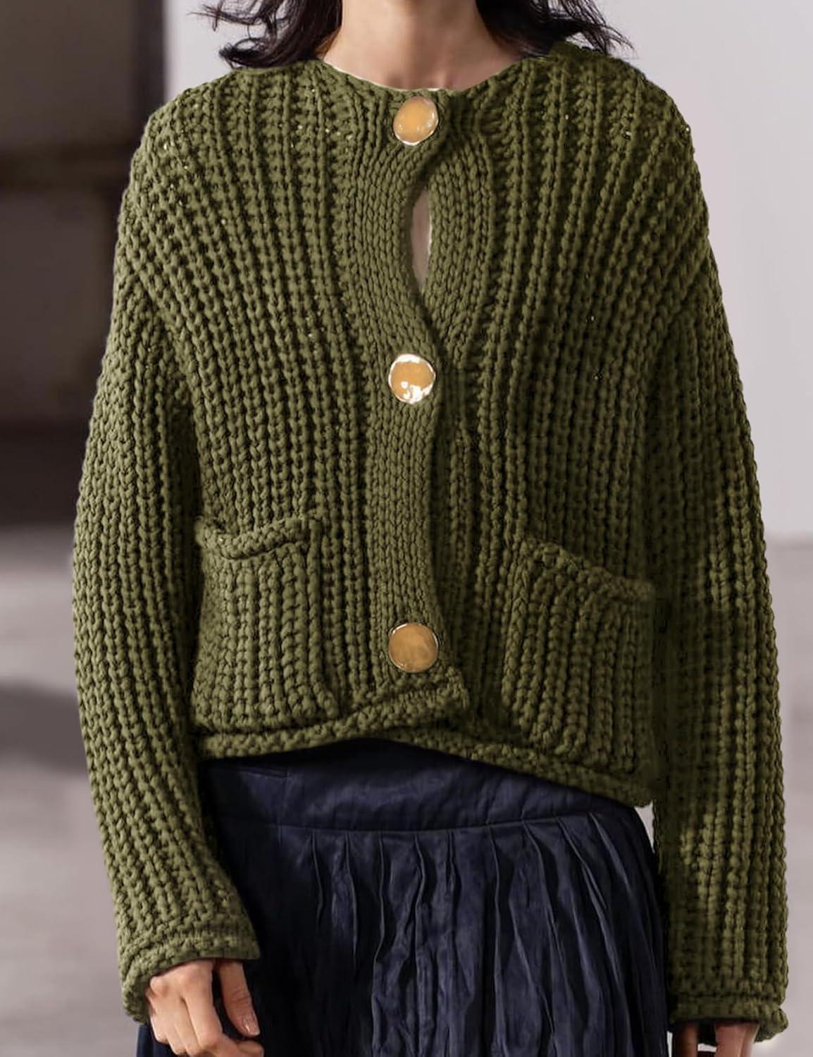 Arssm Womens Cropped Cardigan Sweaters Chunky Open Front Button Down Knit Sweater Long Sleeve Loose Cardigan Outerwear(Armygreen)
