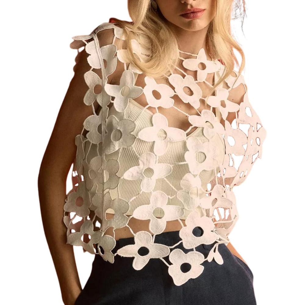 Arssm Women’s Floral Lace Vest Summer Hollow Out Crochet Tank Top Sleeveless Pullover Going Out Tops Crewneck Cover Ups(White)