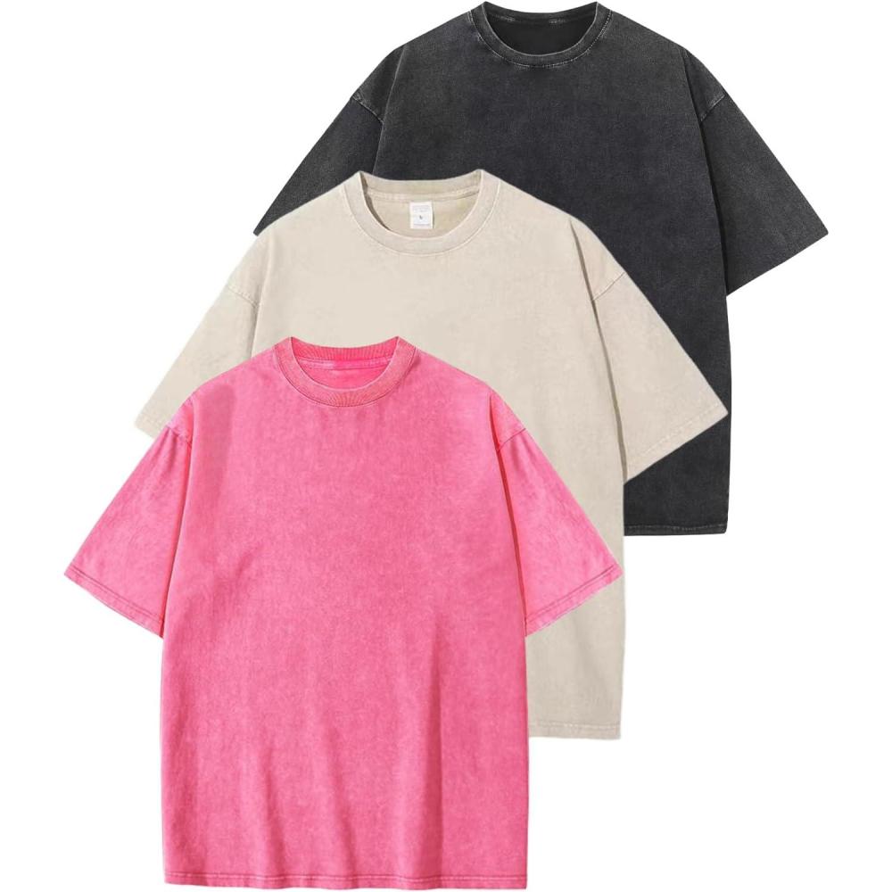 Arssm 3 Pack Men Oversized T Shirts Vintage Tee Loose Fit Short Sleeve Casual Streetwear Baggy Washed Unisex Tops(Black+beige+pink)