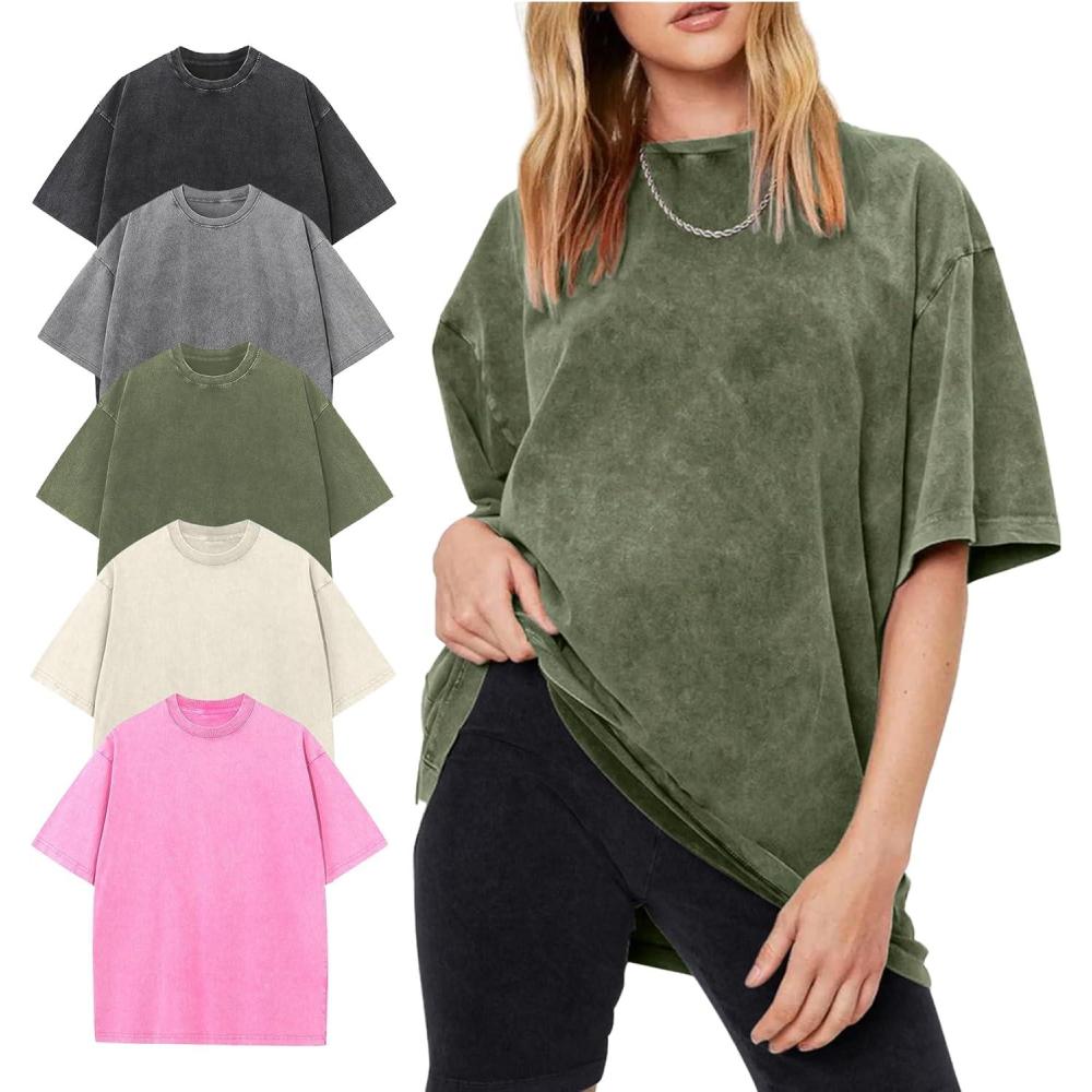 Arssm Women’s Oversized T-Shirts Cotton Acid Wash Boyfriend Tee Shirt Loose Fit Vintage T-Shirts(Black+grey+beige+army+pink)