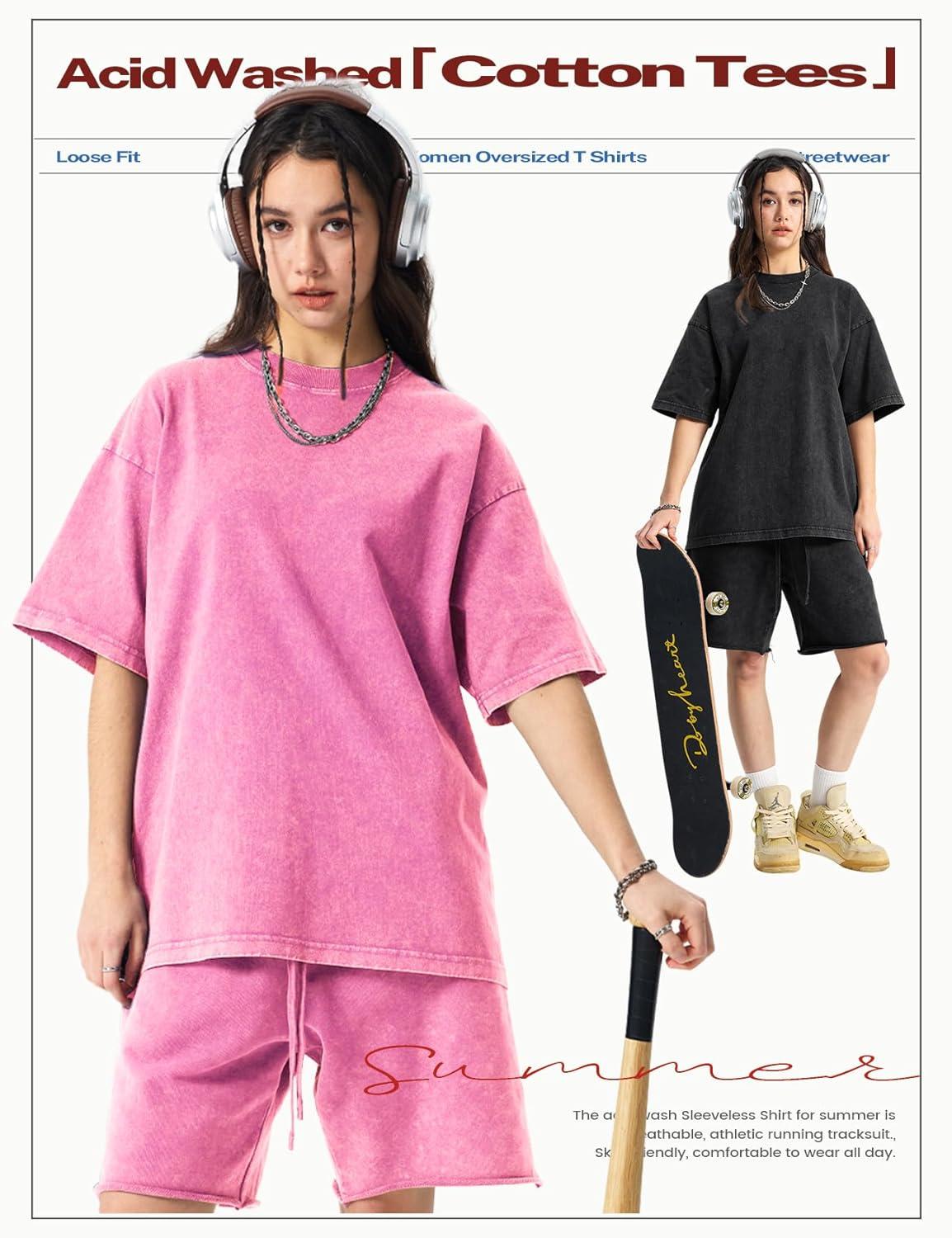 Arssm Women’s Oversized T-Shirts Cotton Acid Wash Boyfriend Tee Shirt Loose Fit Vintage T-Shirts(Black+grey+beige+army+pink)