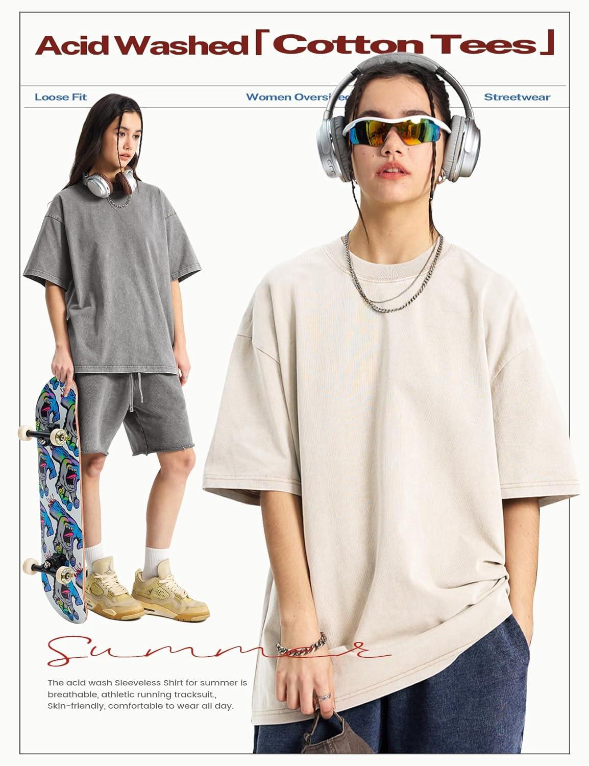 Arssm Women’s Oversized T-Shirts Cotton Acid Wash Boyfriend Tee Shirt Loose Fit Vintage T-Shirts(Black+grey+beige+army+pink)