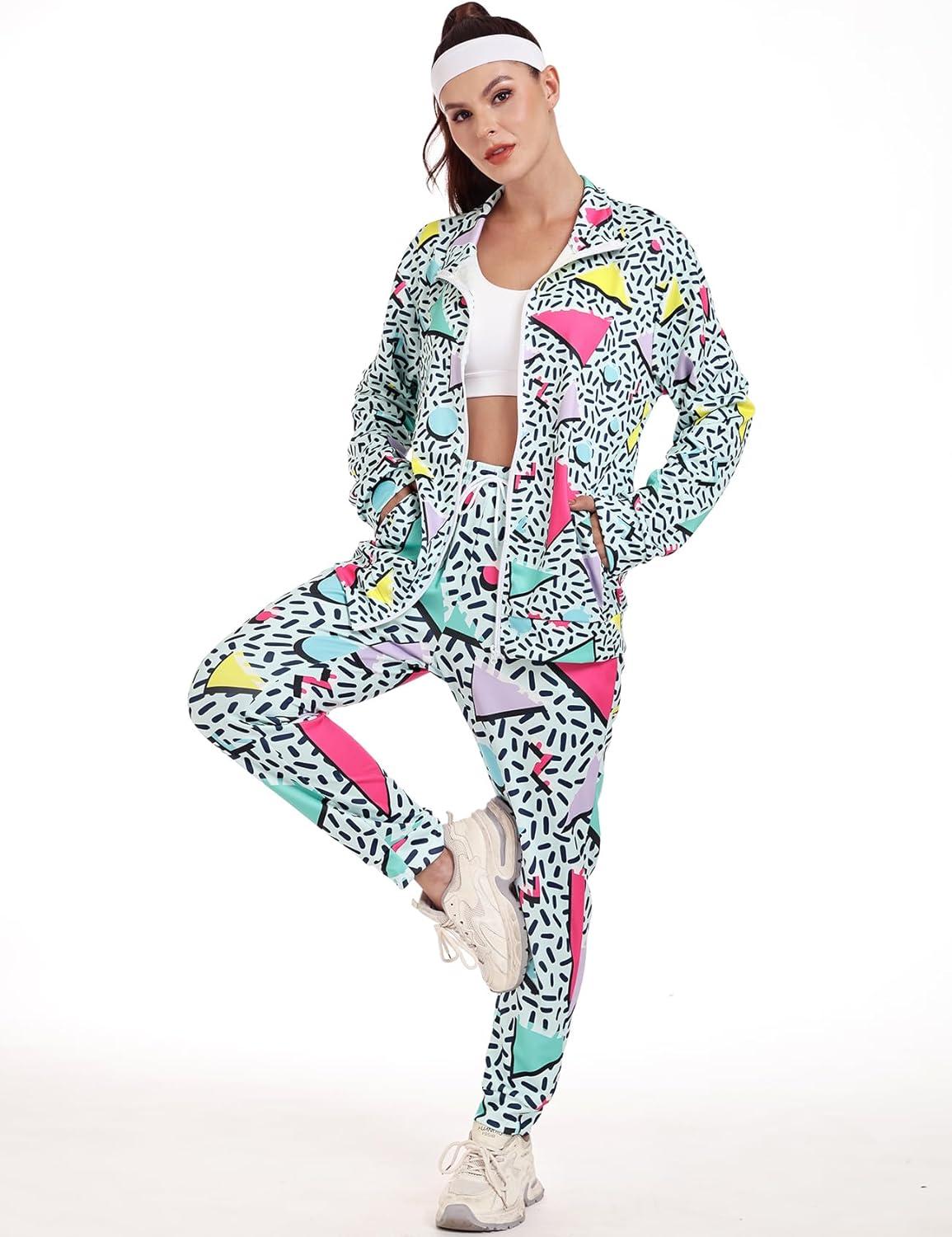 Arssm Retro 80s 90s Outfit Sets for Women Color Block 2 Piece Tracksuit Windbreaker Jacket Set(Green)