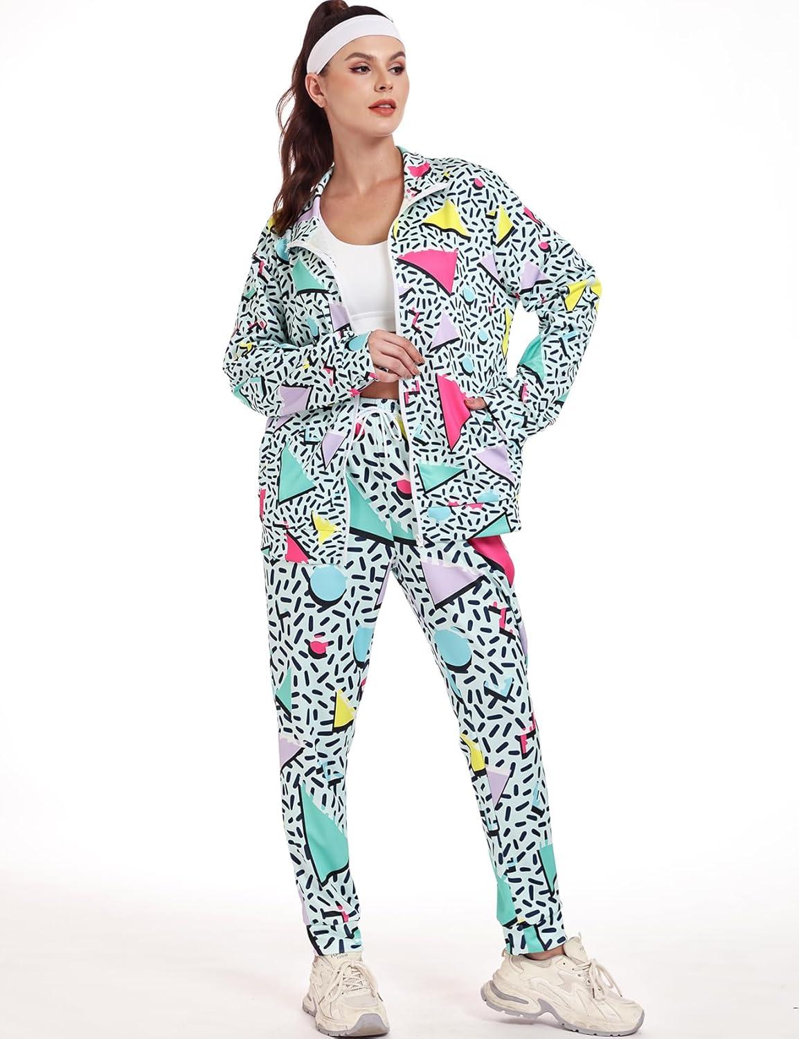 Arssm Retro 80s 90s Outfit Sets for Women Color Block 2 Piece Tracksuit Windbreaker Jacket Set(Green)