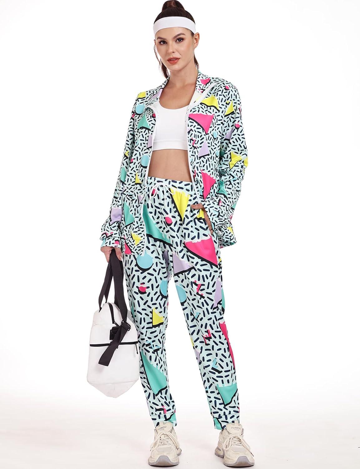 Arssm Retro 80s 90s Outfit Sets for Women Color Block 2 Piece Tracksuit Windbreaker Jacket Set(Green)
