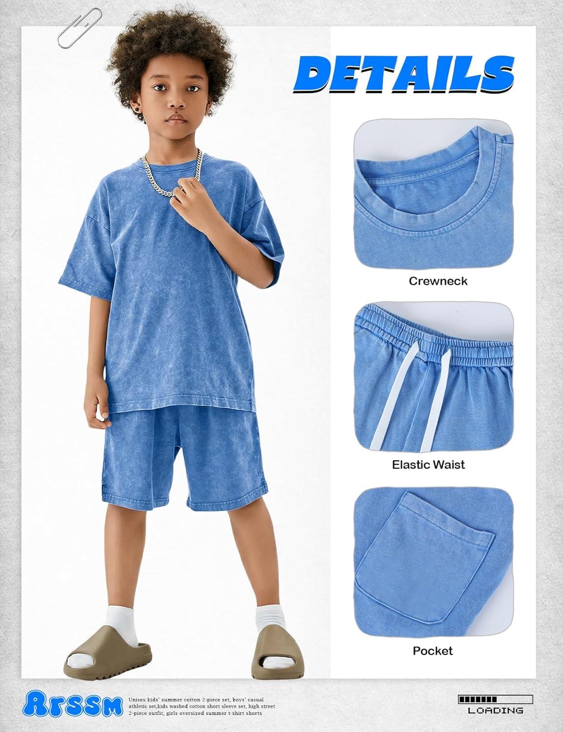 Arssm Boys Short Sets 2 Piece Acid Wash Vintage Kids Athletic Set(Blue)