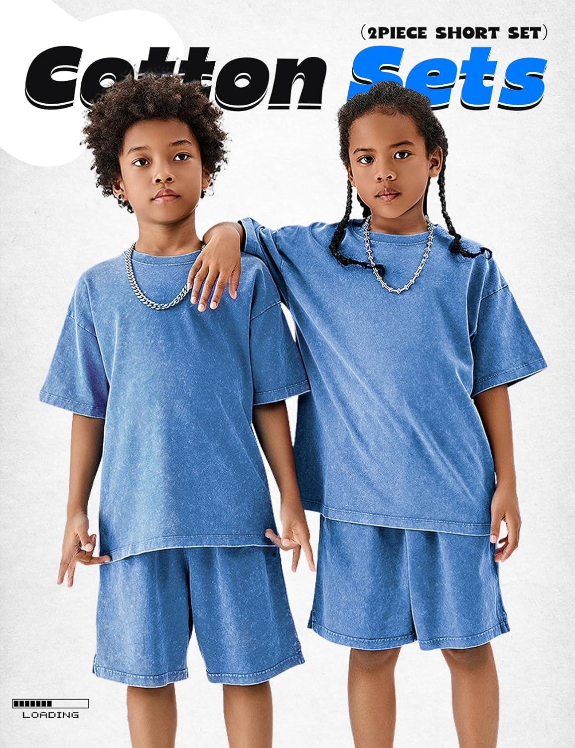Arssm Boys Short Sets 2 Piece Acid Wash Vintage Kids Athletic Set(Blue)