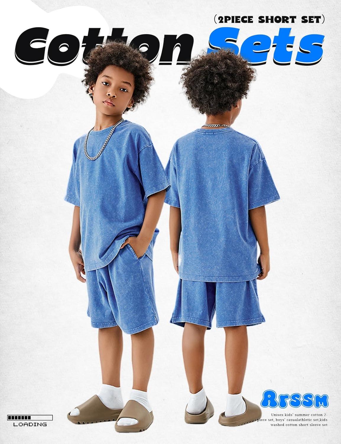 Arssm Boys Short Sets 2 Piece Acid Wash Vintage Kids Athletic Set(Blue)