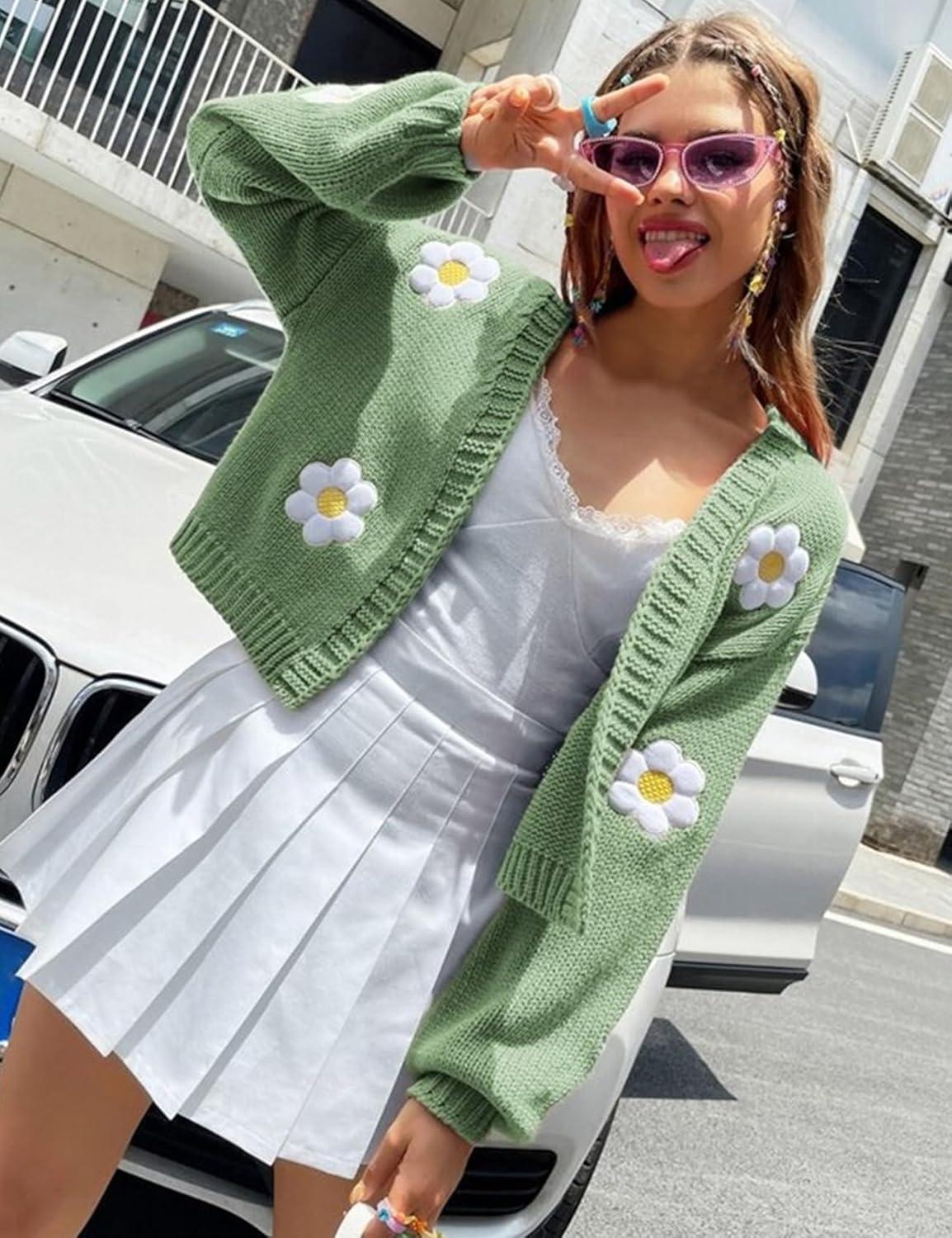 Arssm Y2K Womens Flower Cardigan Sweater Long Sleeve Knit Cropped Cardigan Open Front Cute Shrug Fall Sweater 90s Outfits(Green)