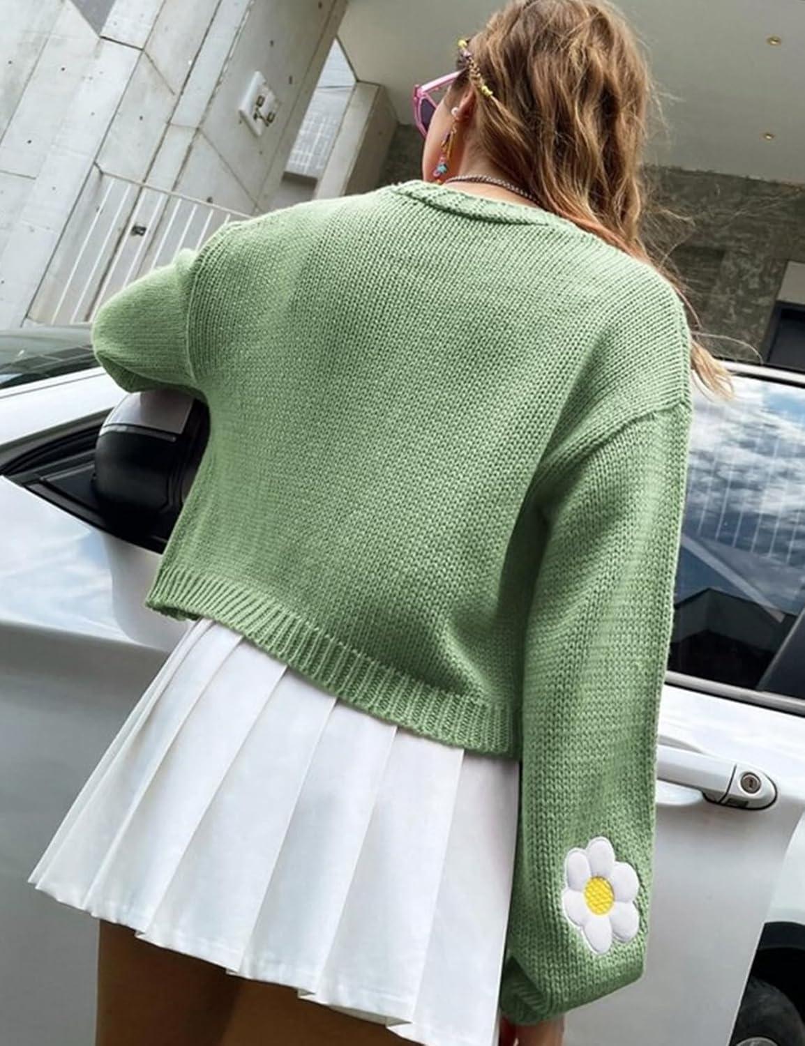 Arssm Y2K Womens Flower Cardigan Sweater Long Sleeve Knit Cropped Cardigan Open Front Cute Shrug Fall Sweater 90s Outfits(Green)