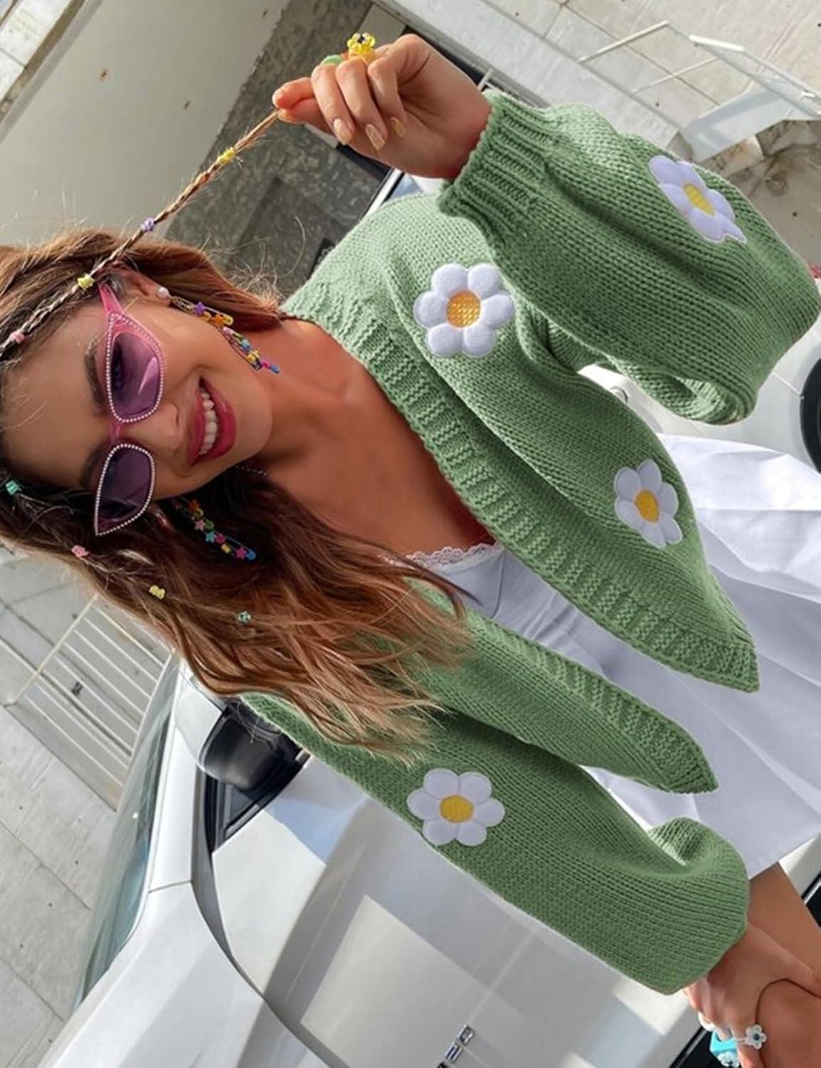 Arssm Y2K Womens Flower Cardigan Sweater Long Sleeve Knit Cropped Cardigan Open Front Cute Shrug Fall Sweater 90s Outfits(Green)