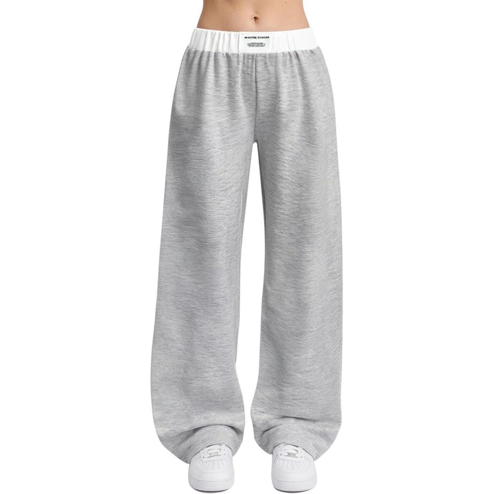 Arssm Girls Wide Leg Sweatpants Baggy Pants Letter Patched Elastic Waist Long Trousers Joggers(Lightgrey)