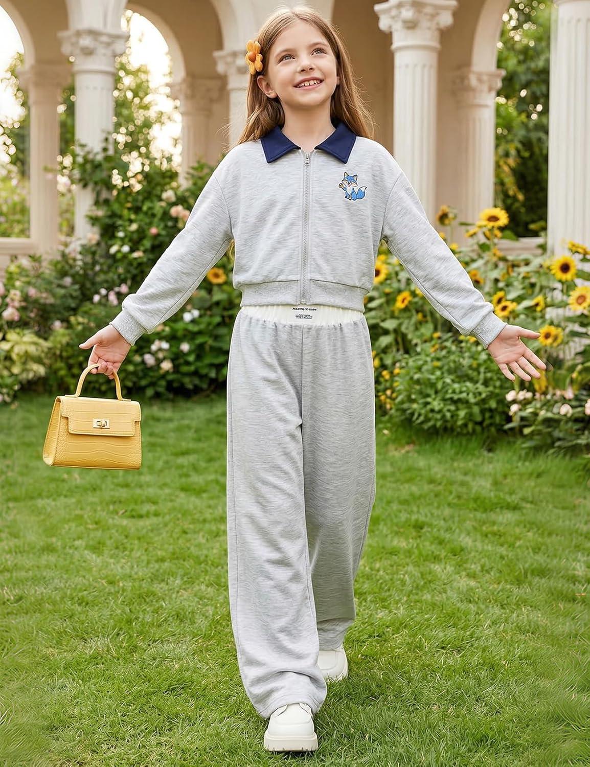 Arssm Girls Wide Leg Sweatpants Baggy Pants Letter Patched Elastic Waist Long Trousers Joggers(Lightgrey)