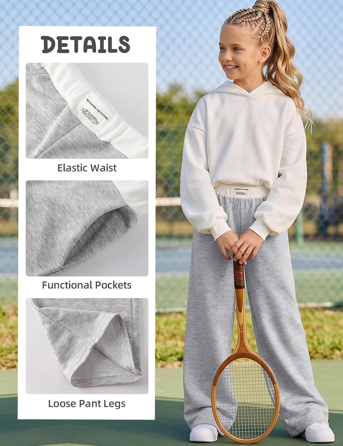 Arssm Girls Wide Leg Sweatpants Baggy Pants Letter Patched Elastic Waist Long Trousers Joggers(Lightgrey)