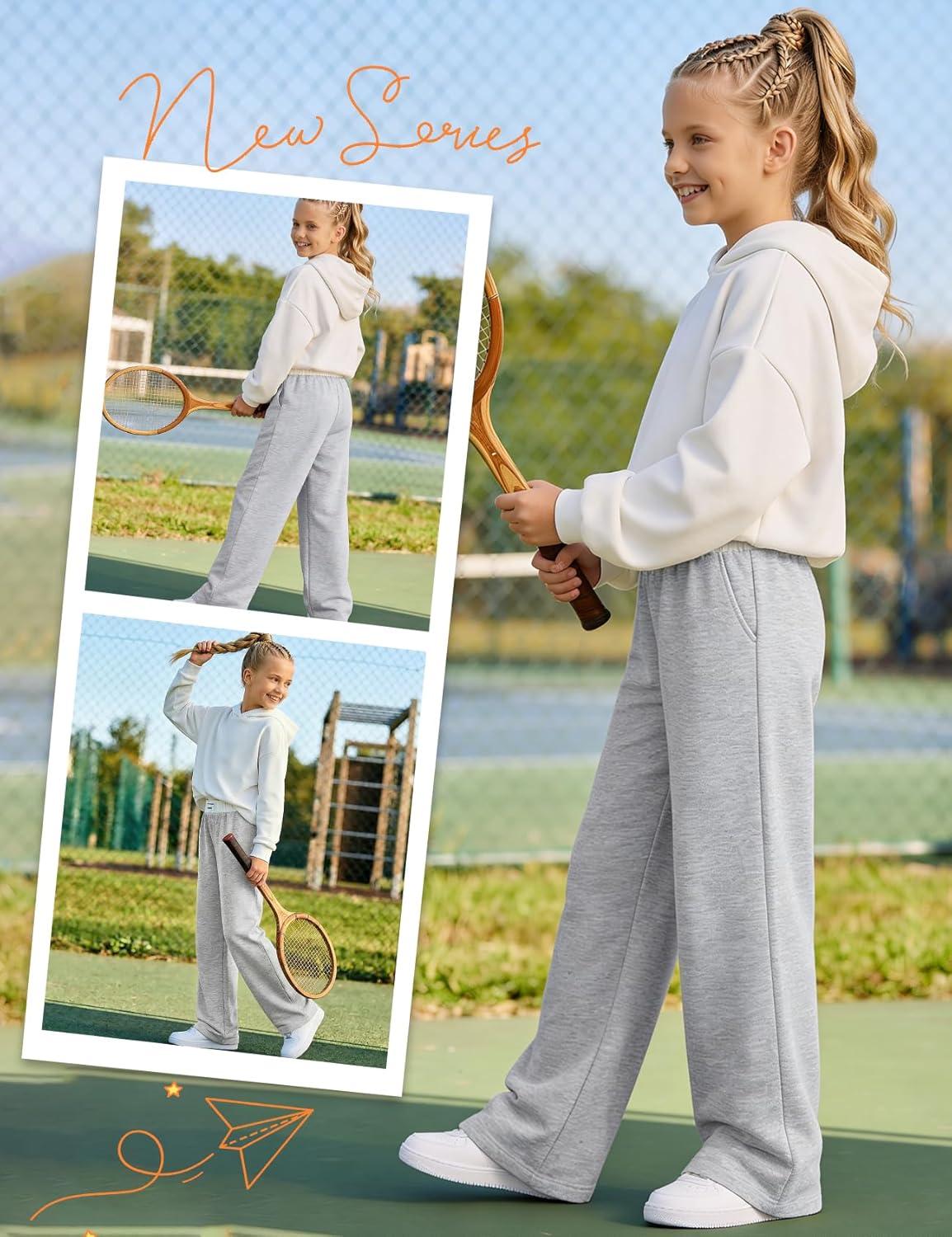 Arssm Girls Wide Leg Sweatpants Baggy Pants Letter Patched Elastic Waist Long Trousers Joggers(Lightgrey)