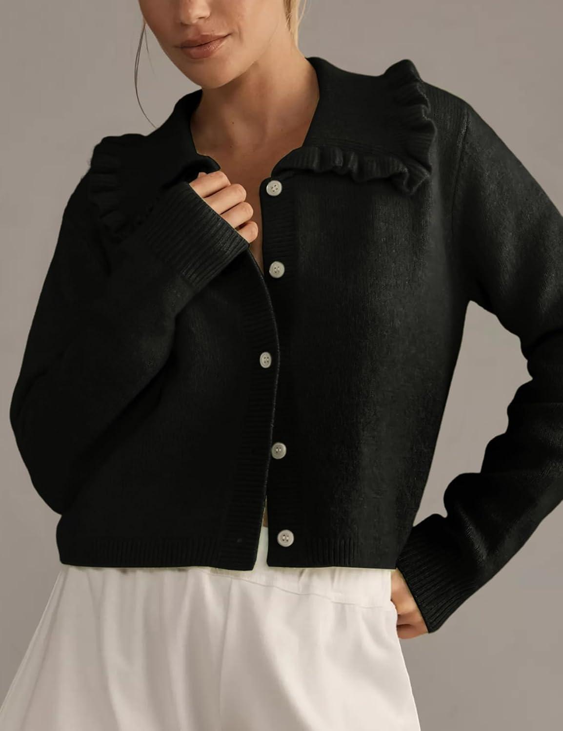 Arssm Womens Ruffle Collar Cardigan Cropped Button Down Open Front Sweaters Knitted Long Sleeve Fall 2025 Elegant Outwear(Black)