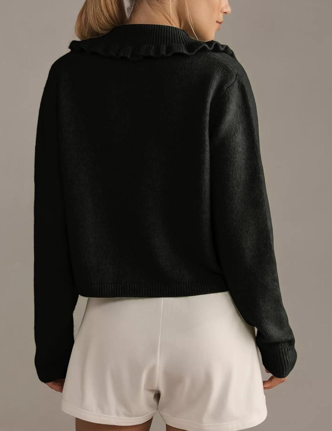 Arssm Womens Ruffle Collar Cardigan Cropped Button Down Open Front Sweaters Knitted Long Sleeve Fall 2025 Elegant Outwear(Black)