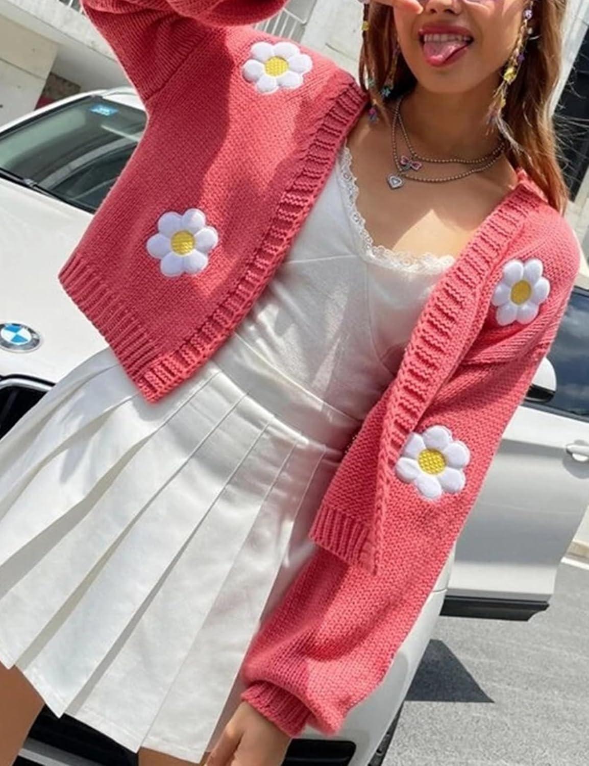 Arssm Y2K Womens Flower Cardigan Sweater Long Sleeve Knit Cropped Cardigan Open Front Cute Shrug Fall Sweater 90s Outfits(Pink)