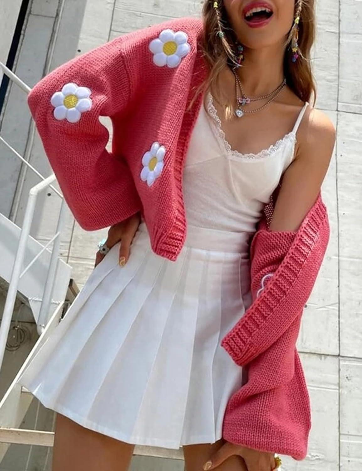 Arssm Y2K Womens Flower Cardigan Sweater Long Sleeve Knit Cropped Cardigan Open Front Cute Shrug Fall Sweater 90s Outfits(Pink)
