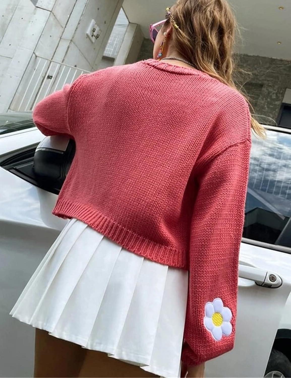 Arssm Y2K Womens Flower Cardigan Sweater Long Sleeve Knit Cropped Cardigan Open Front Cute Shrug Fall Sweater 90s Outfits(Pink)