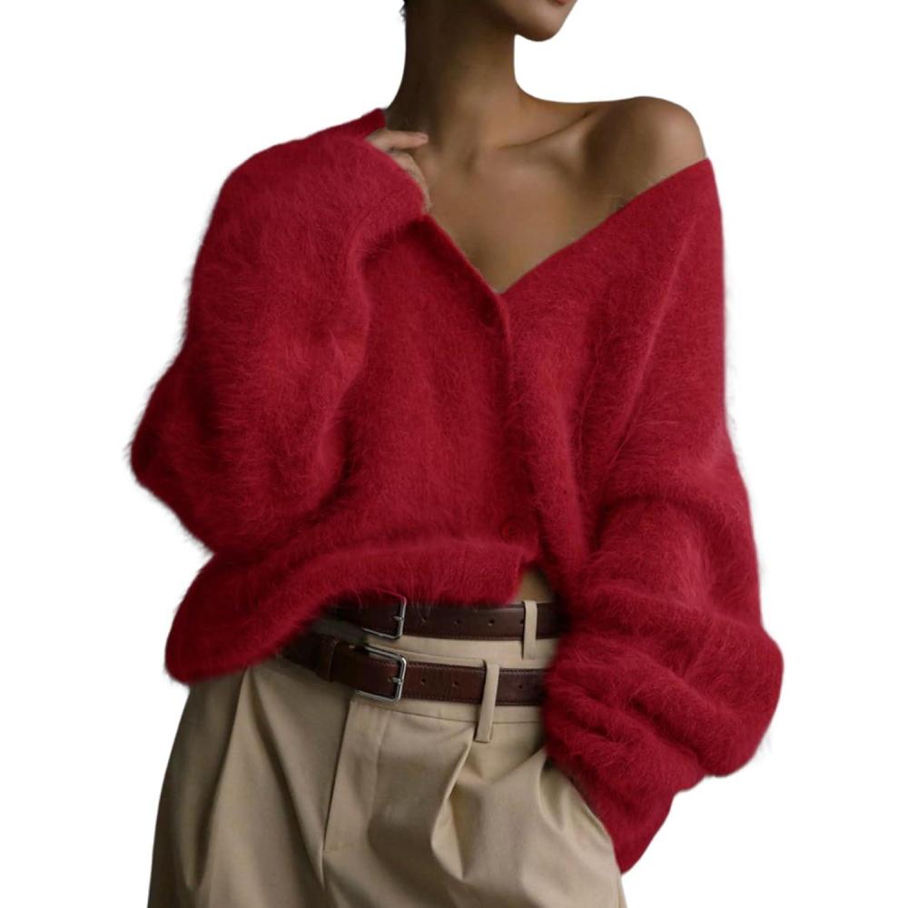 Arssm Womens Fuzzy Cardigan Sweater V Neck Cardigans Button Down Fluffy Knit Top Fashion 2026 Knitwear(Red)