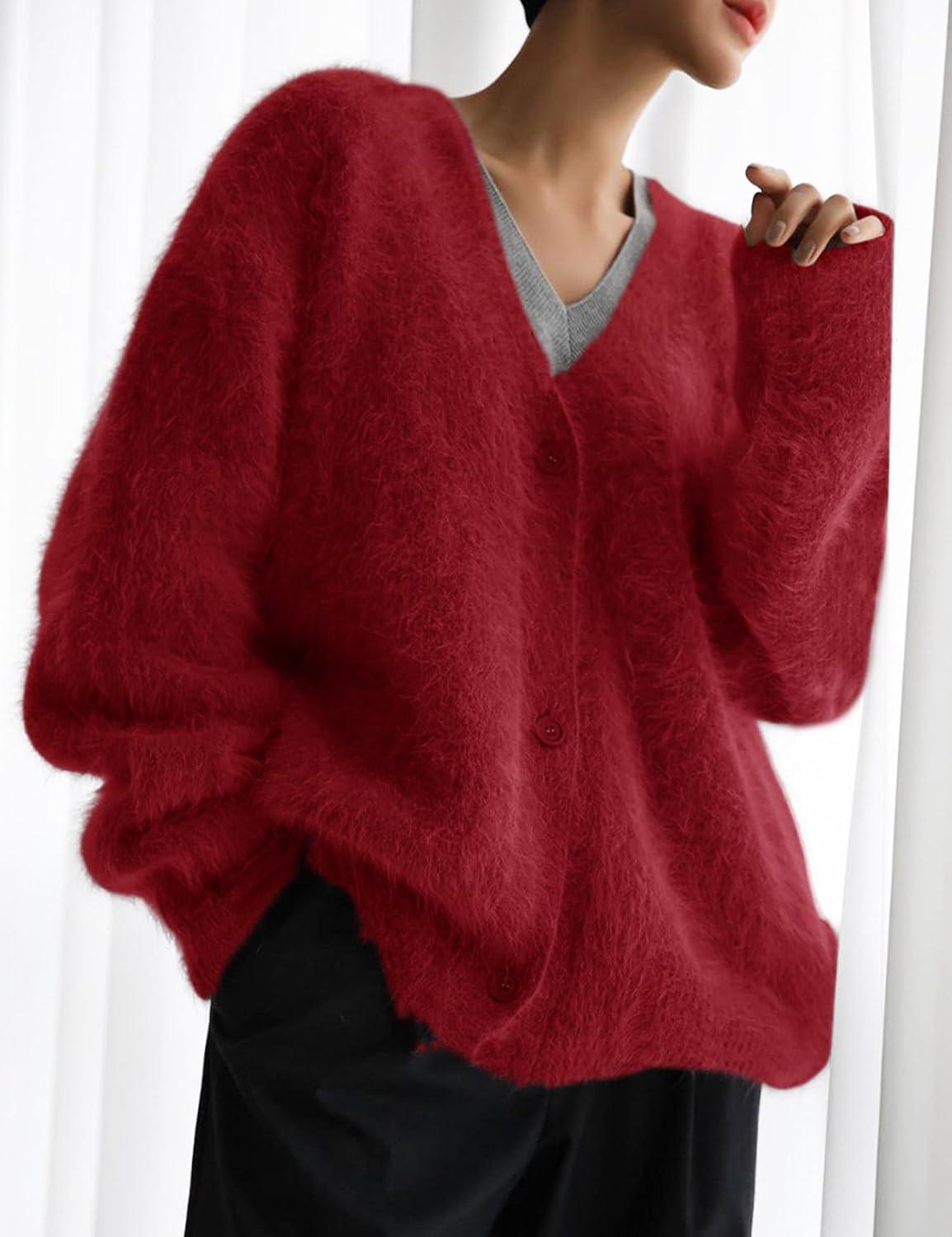 Arssm Womens Fuzzy Cardigan Sweater V Neck Cardigans Button Down Fluffy Knit Top Fashion 2026 Knitwear(Red)