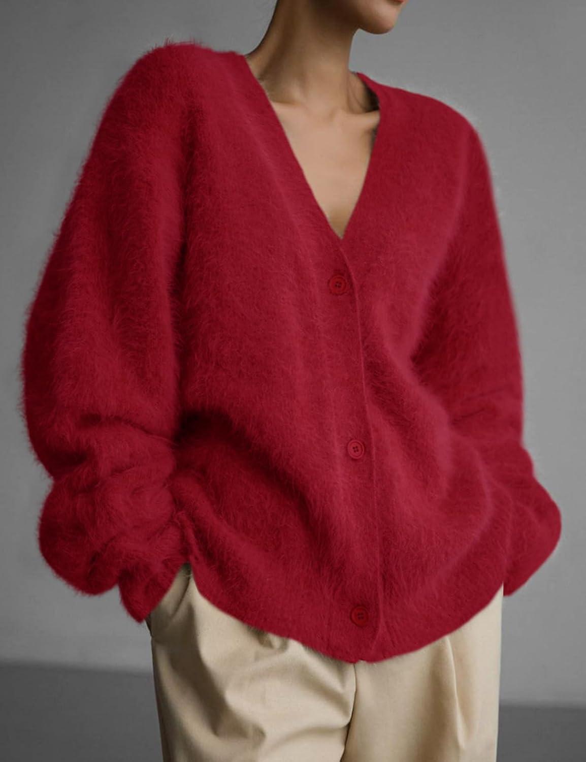 Arssm Womens Fuzzy Cardigan Sweater V Neck Cardigans Button Down Fluffy Knit Top Fashion 2026 Knitwear(Red)