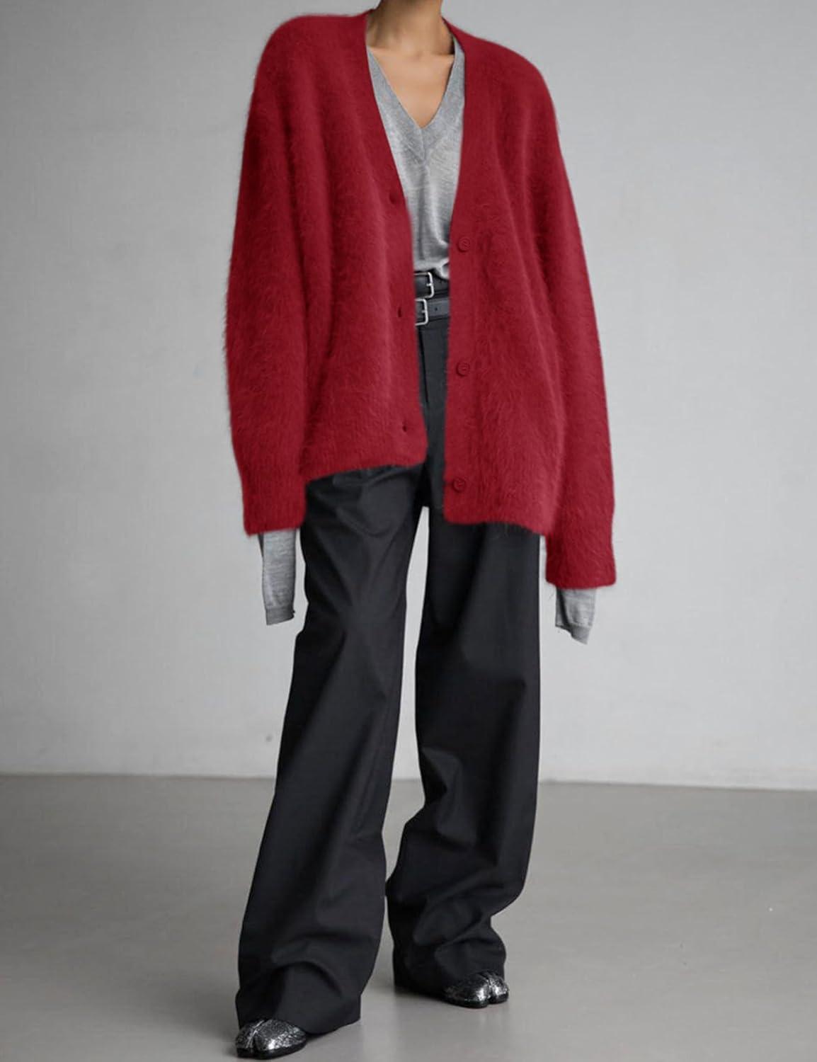 Arssm Womens Fuzzy Cardigan Sweater V Neck Cardigans Button Down Fluffy Knit Top Fashion 2026 Knitwear(Red)